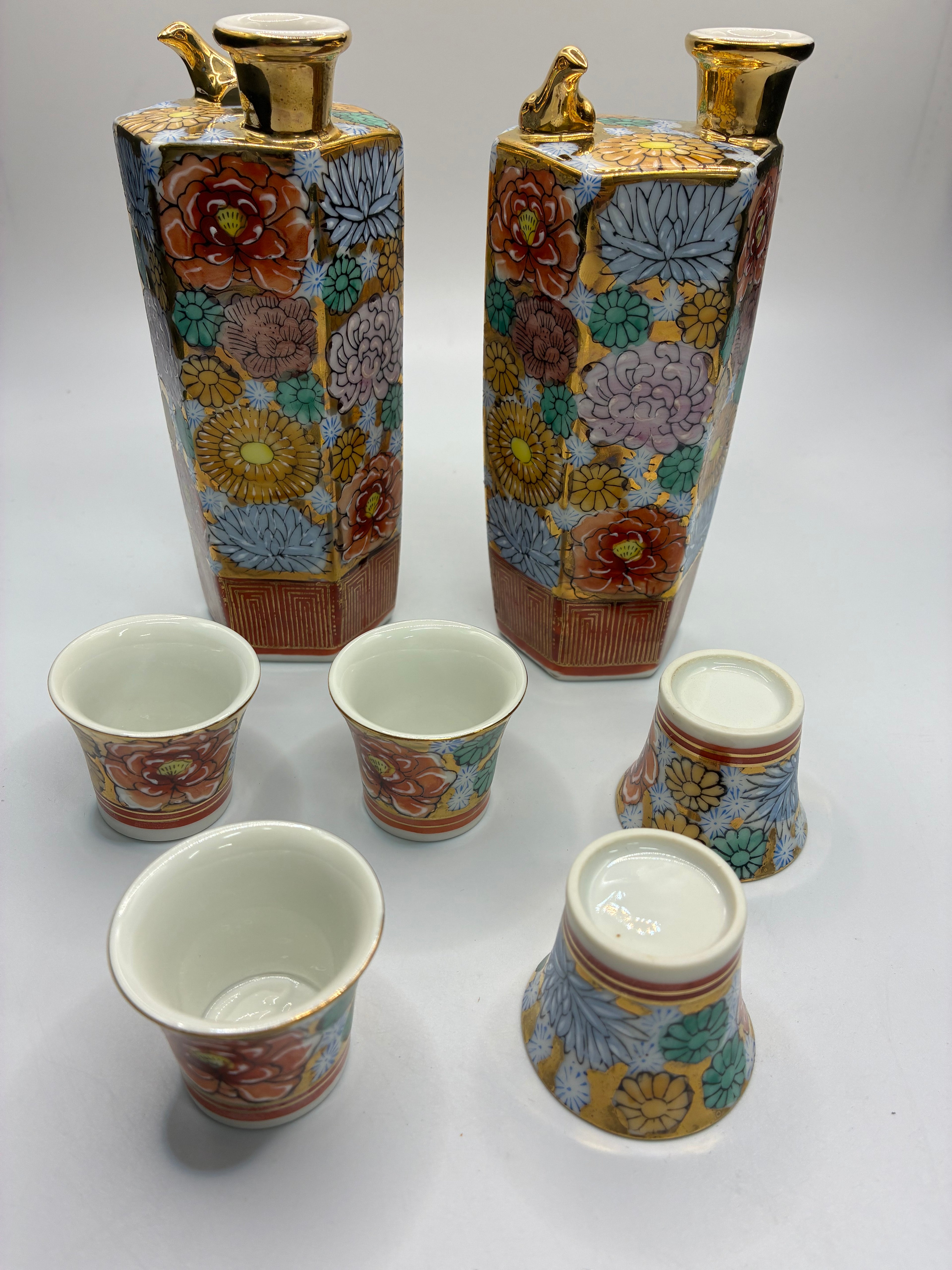 Kutani Ware Phoenix Singing Teapot Set | Hand-Painted “Hundred Flowers” Design | 2 Teapots & 5 Cups