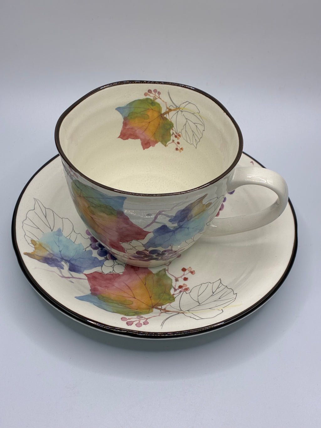 Japanese Colorful Leaf Ceramic Cup & Saucer Set – Artistic Floral & Fruit Design