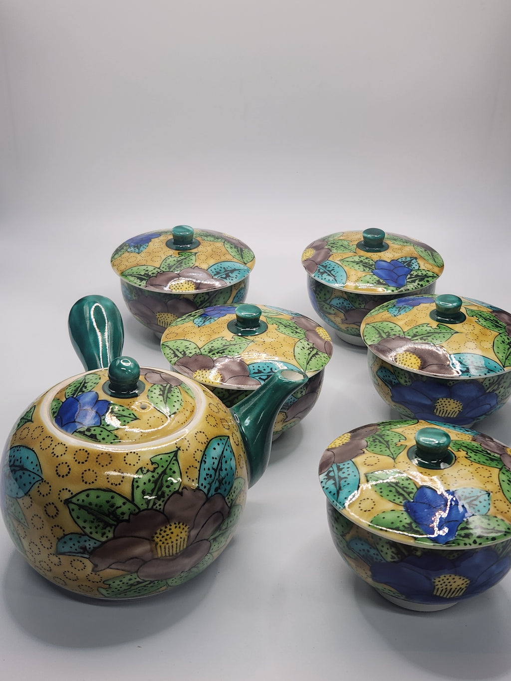 Kutani Ware Hand-Painted Floral Kyusu Tea Set | Teapot with Cups