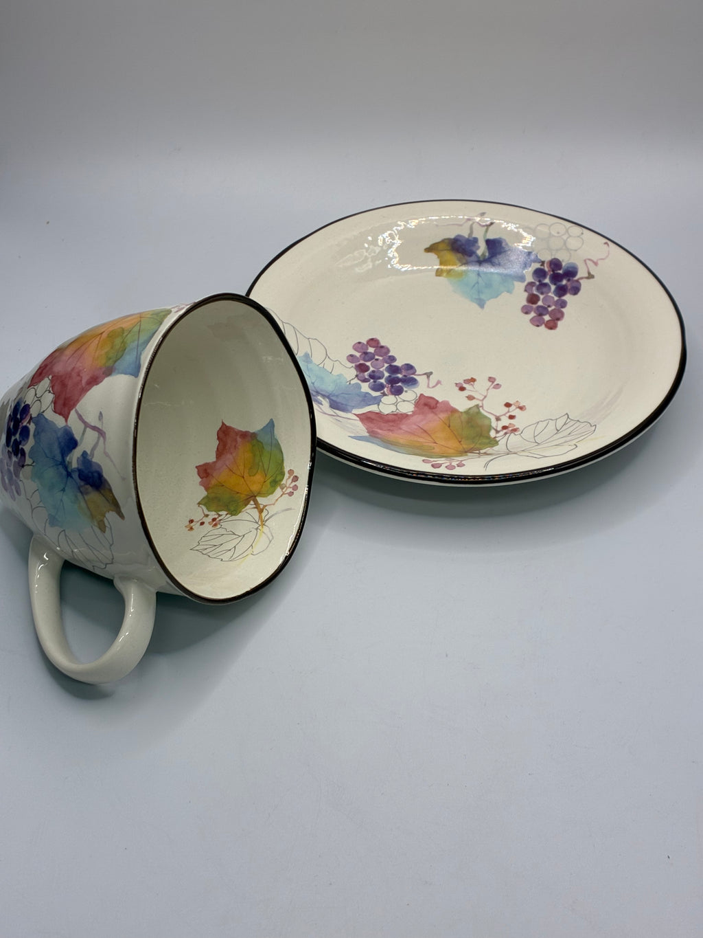 Japanese Colorful Leaf Ceramic Cup & Saucer Set – Artistic Floral & Fruit Design