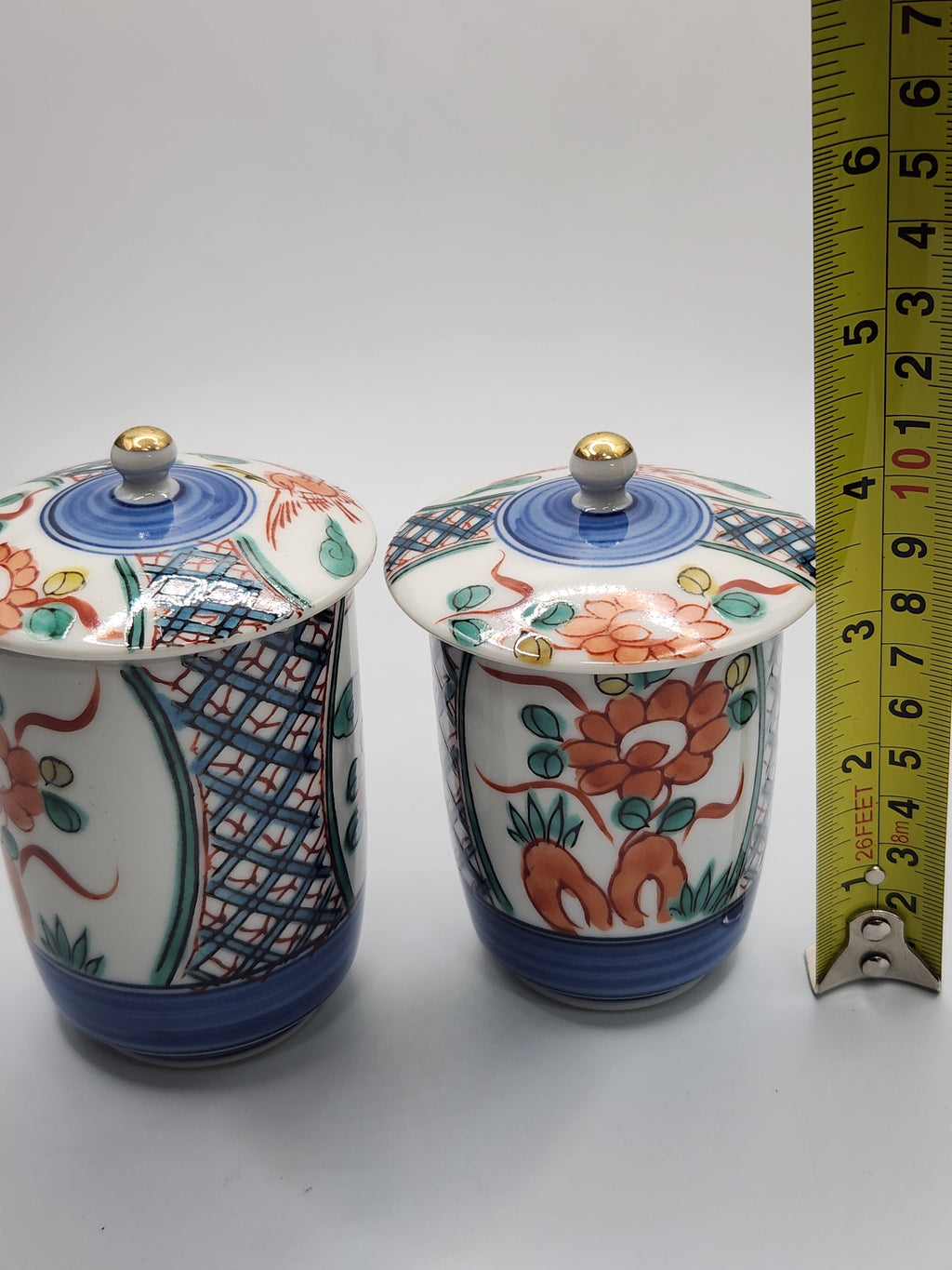 Kutani Ware Hand-Painted Lidded Tea Cups – Pair Set