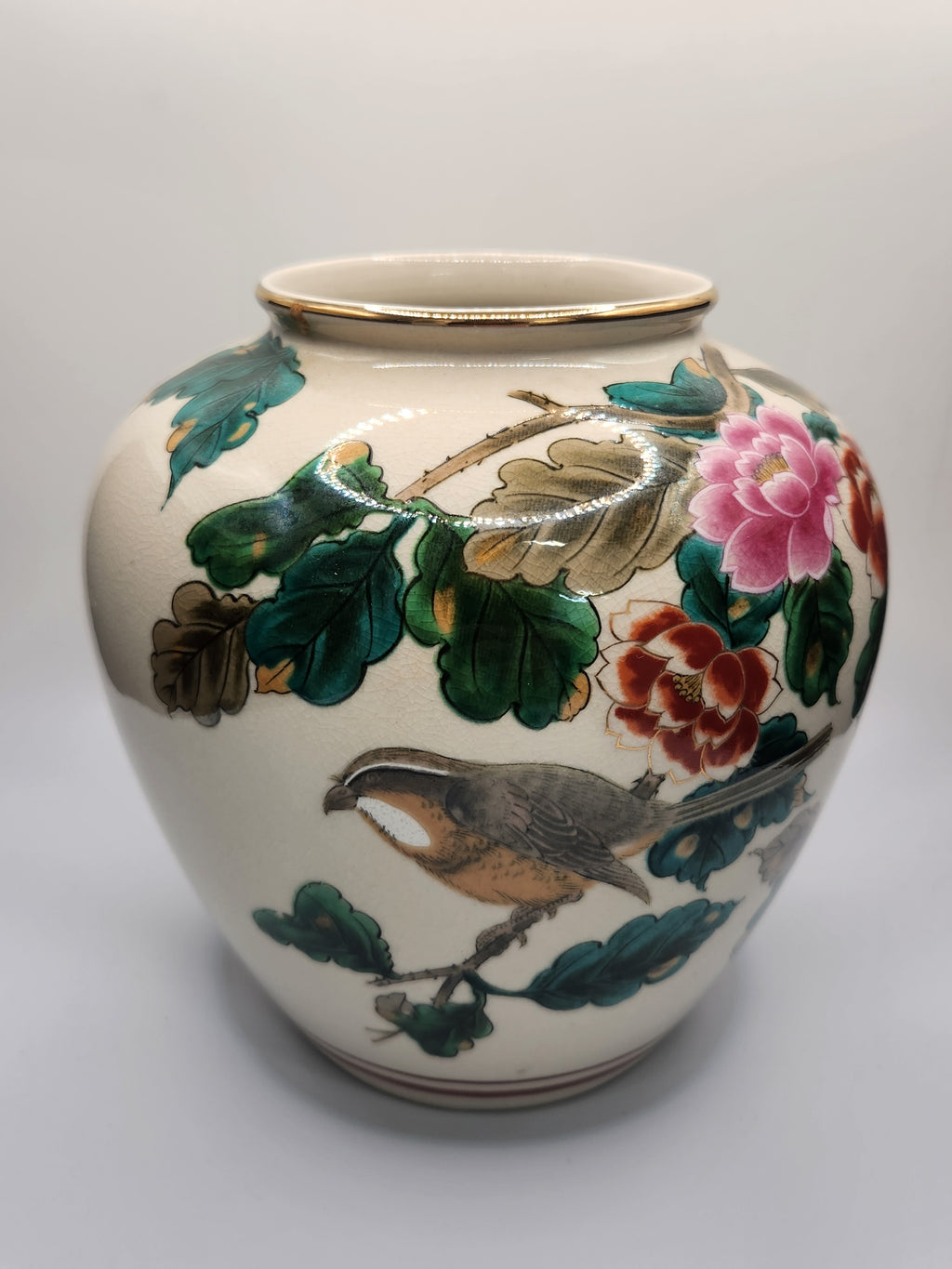 Kutani Hand-Painted Floral & Bird Vase