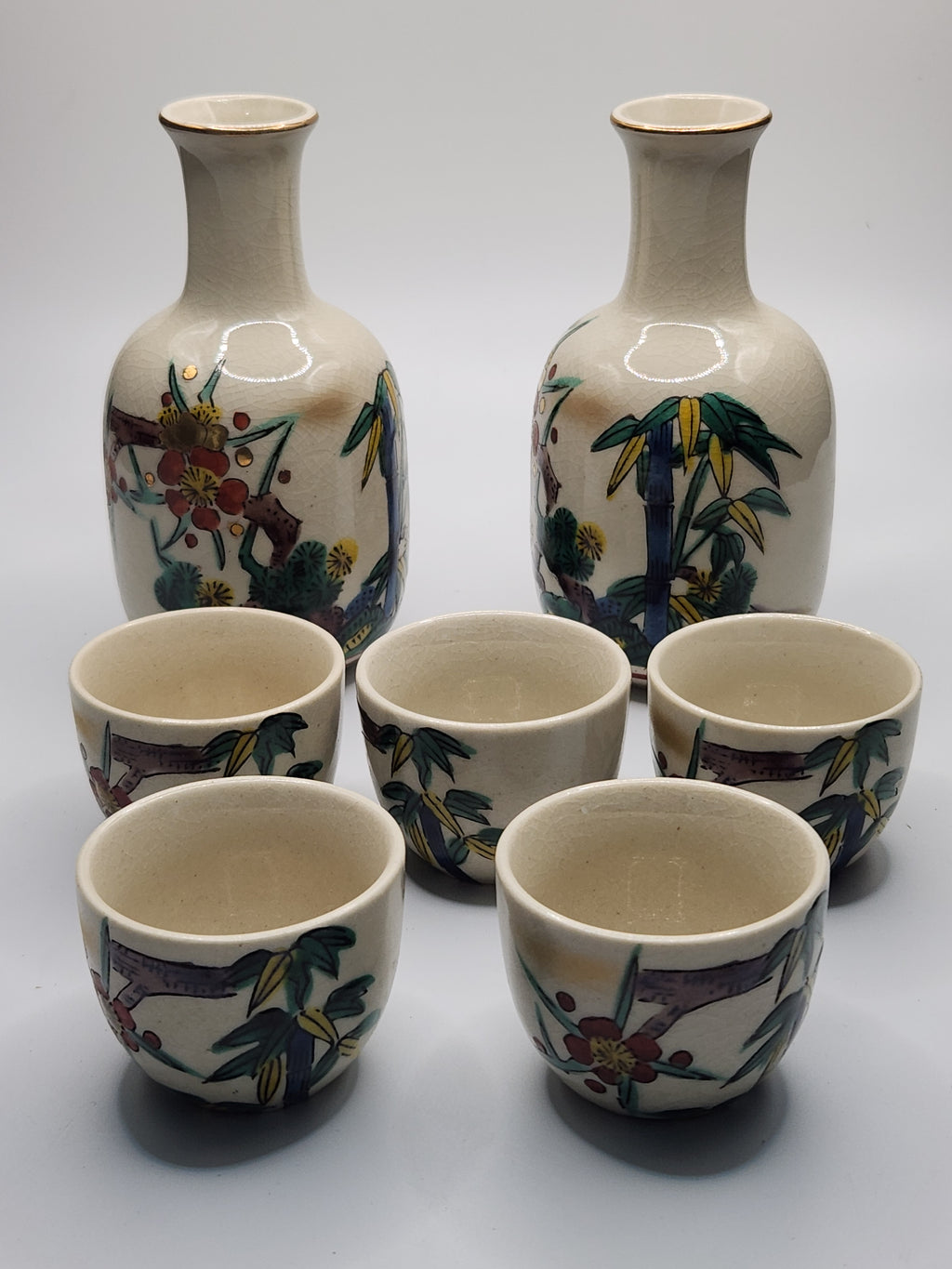Kutani Hand-Painted Floral Sake Set | 2 Bottles & 5 Cups | Japanese Ceramic