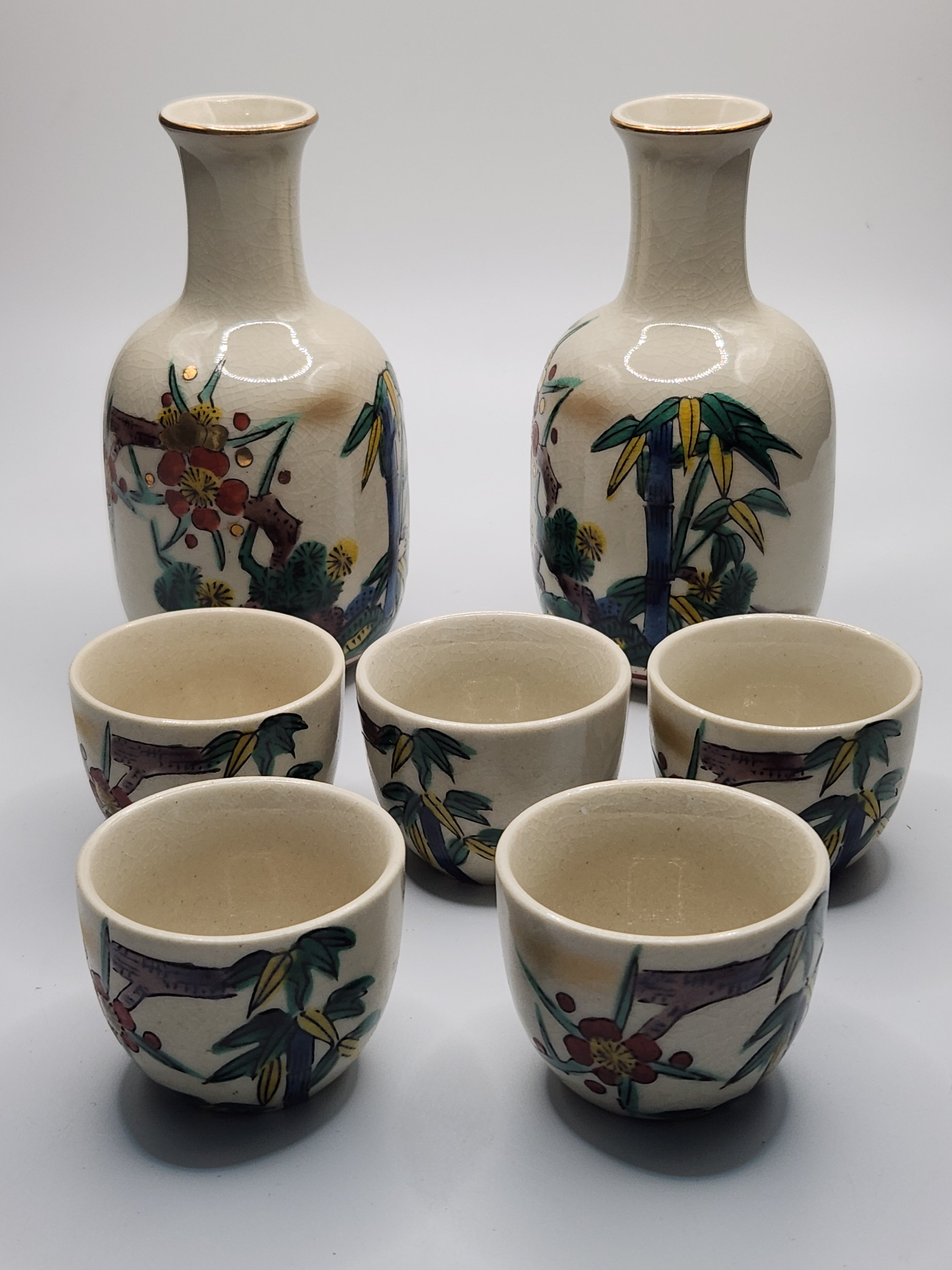 Kutani Hand-Painted Floral Sake Set | 2 Bottles & 5 Cups | Japanese Ceramic