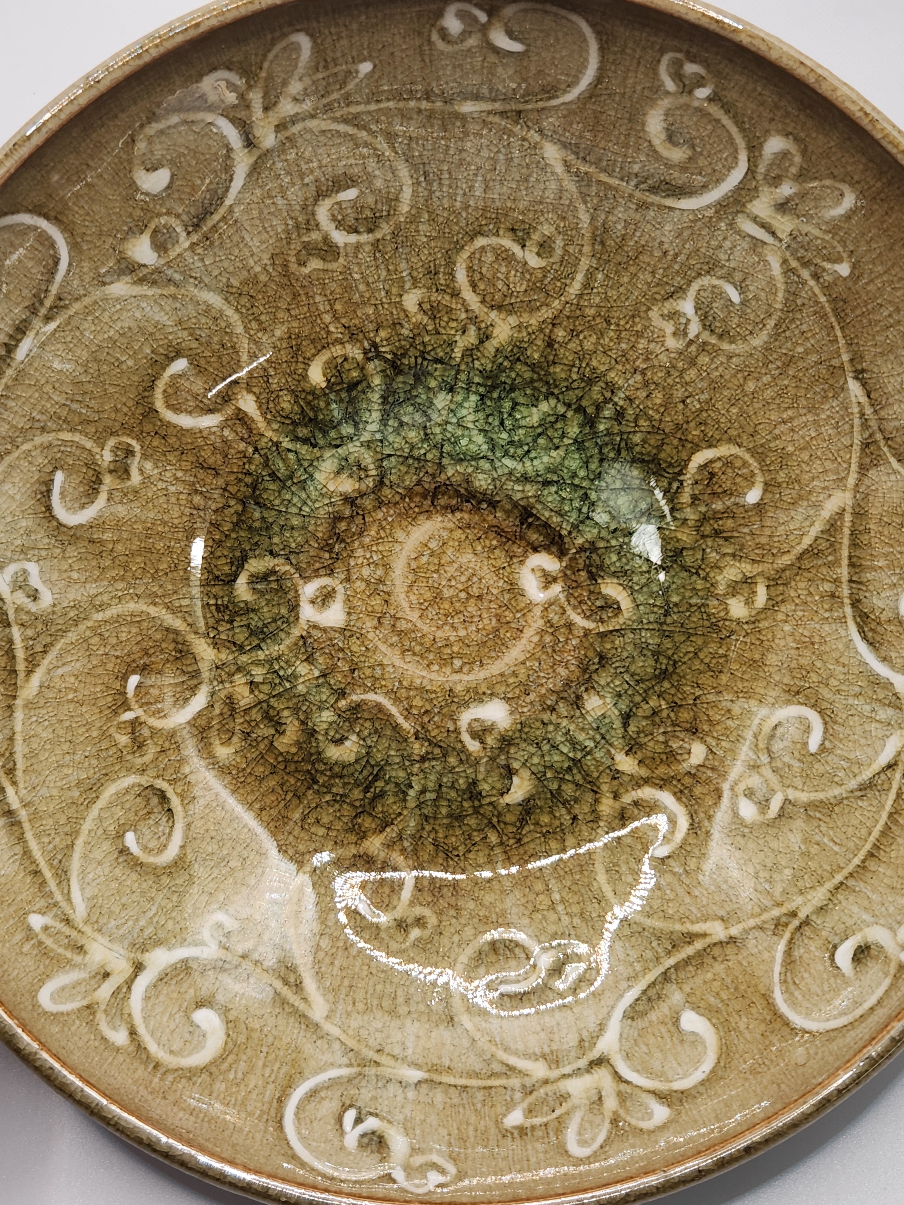 Vintage Japanese Glazed Bowl with Incised Arabesque Pattern