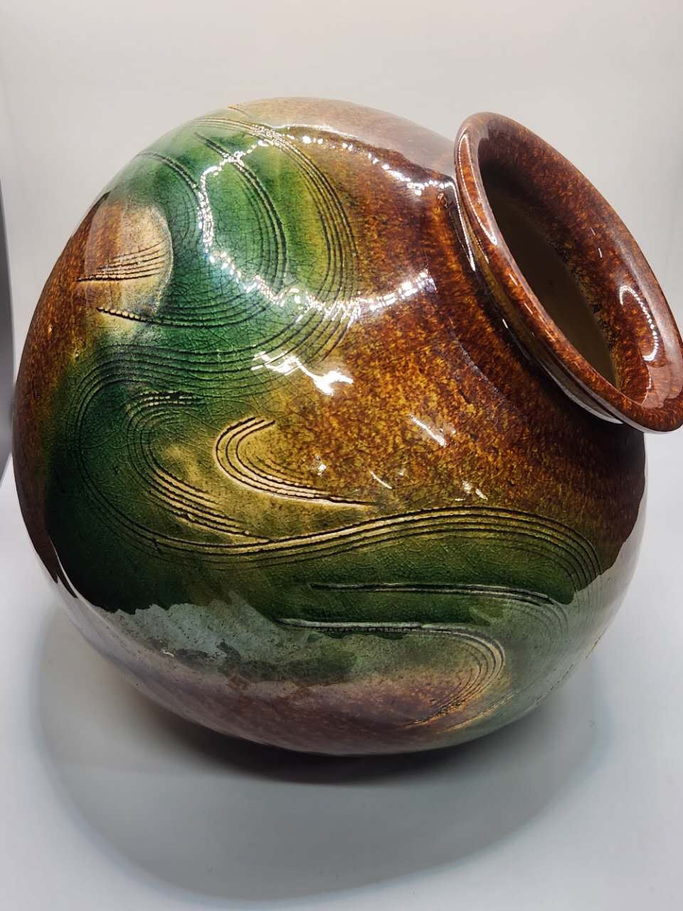 Handcrafted Art Ceramic Vase – Green & Amber Flow Glaze