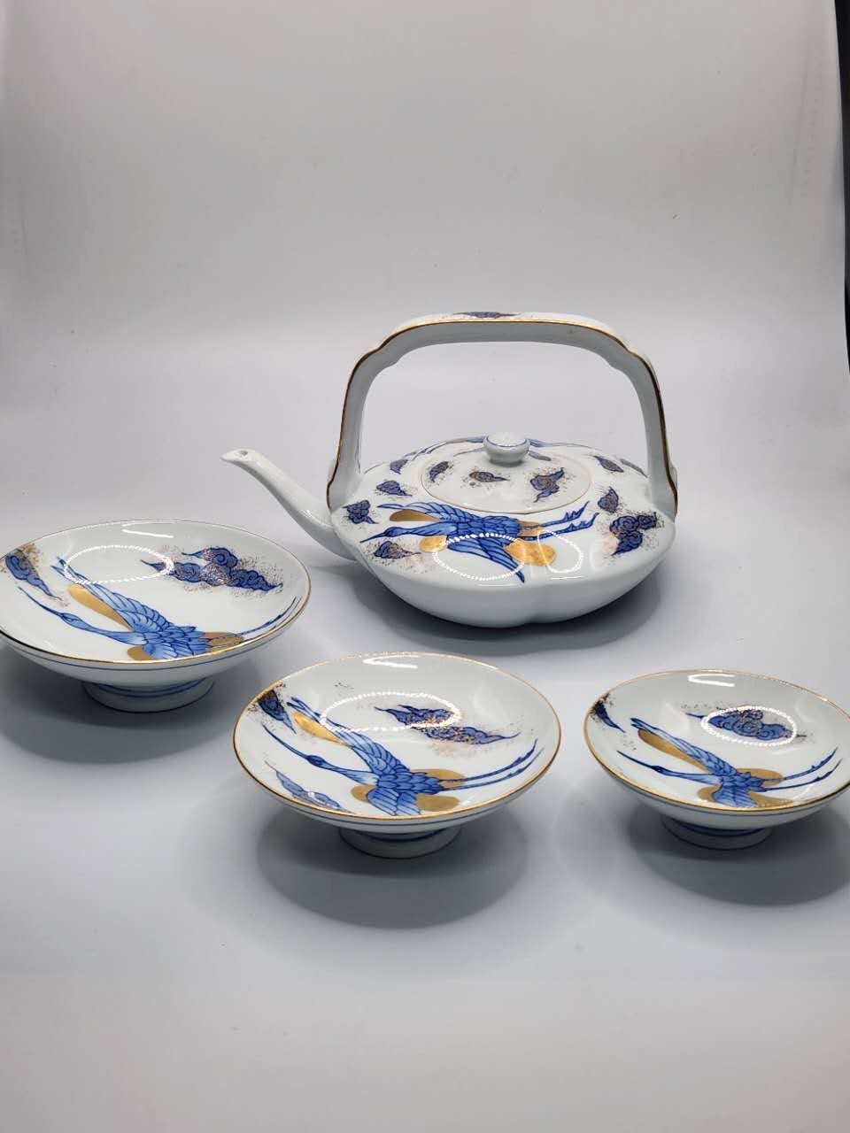 Hand-Painted Japanese Floral & Bird Tea Set ｜ Kyusu Teapot with Cups