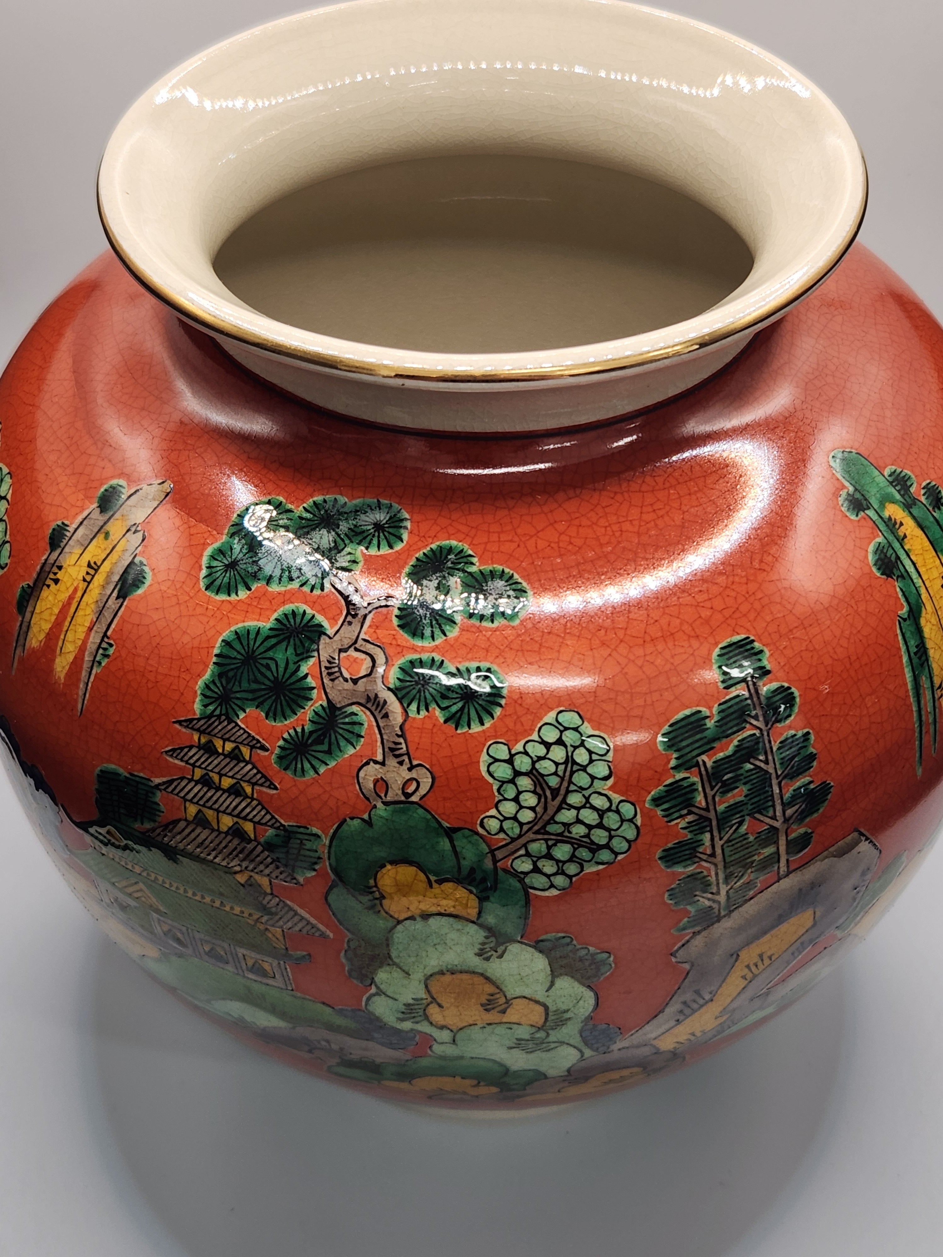 Kutani Ware Hand-Painted Red-Ground Landscape Vase (Vintage)