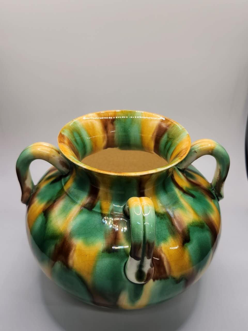 Handcrafted Tri-Handle Glazed Ceramic Vase