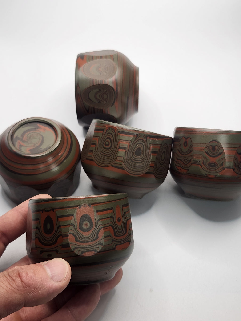 Japanese Hand-Carved Ceramic Sake Cups Set (5 pcs