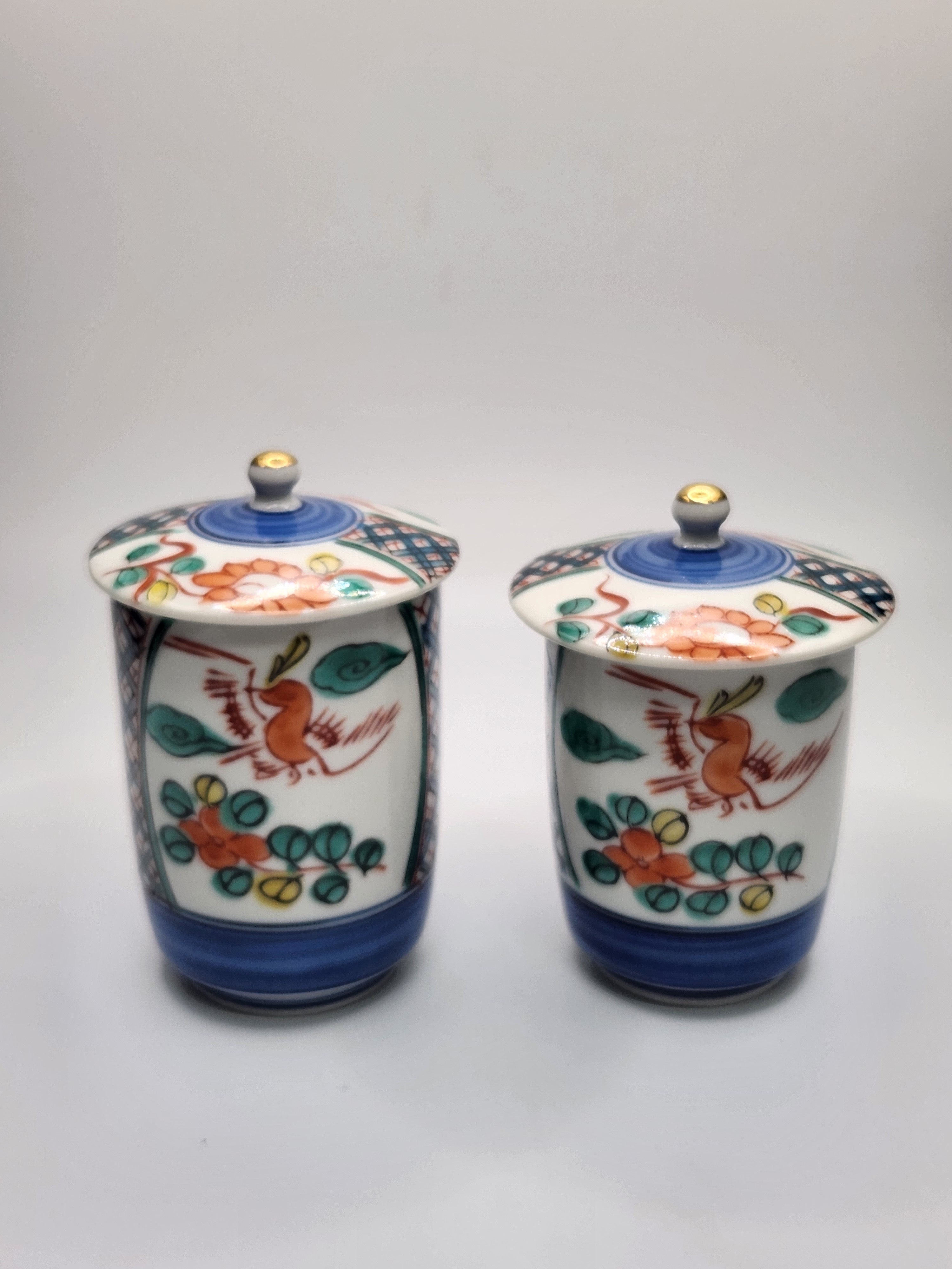 Kutani Ware Hand-Painted Lidded Tea Cups – Pair Set