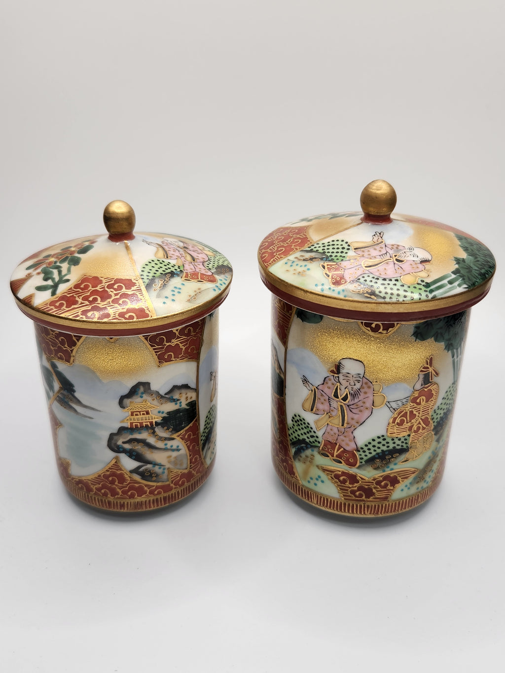 Kutani Ware Covered Tea Cups (Pair) | Hand-Painted & Gilded