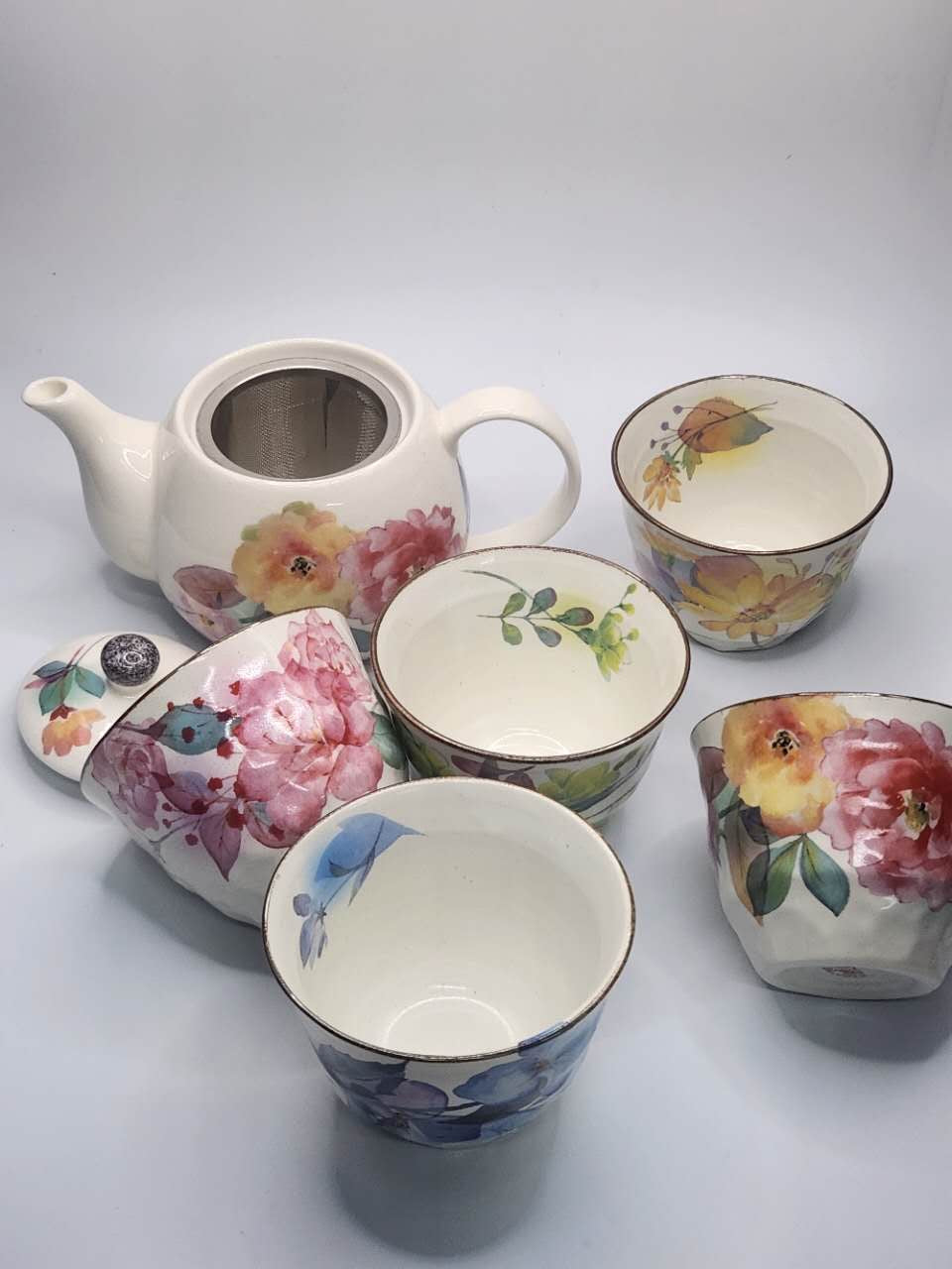 Hand-Painted Floral Japanese Tea Set | Teapot & 5 Cups