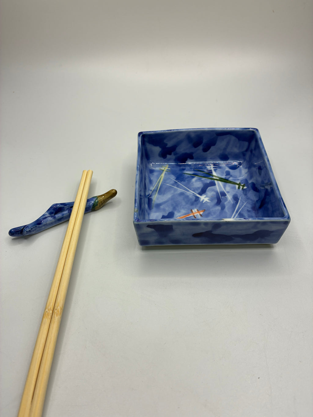 Handcrafted Glazed Ceramic Tableware Set – Square Dishes & Chopstick Rests