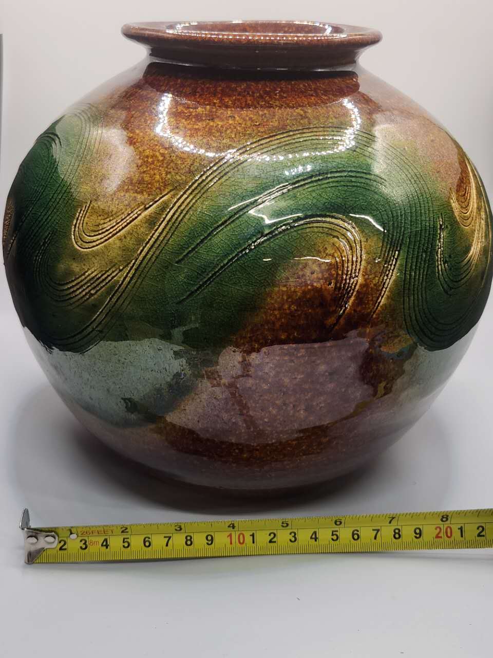 Handcrafted Art Ceramic Vase – Green & Amber Flow Glaze