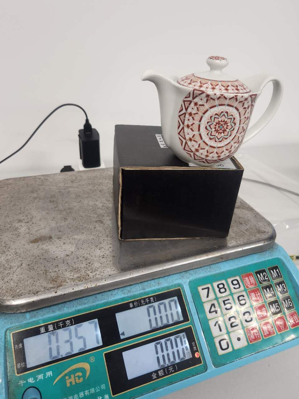 Japanese Porcelain Teapot with Red Geometric Motif