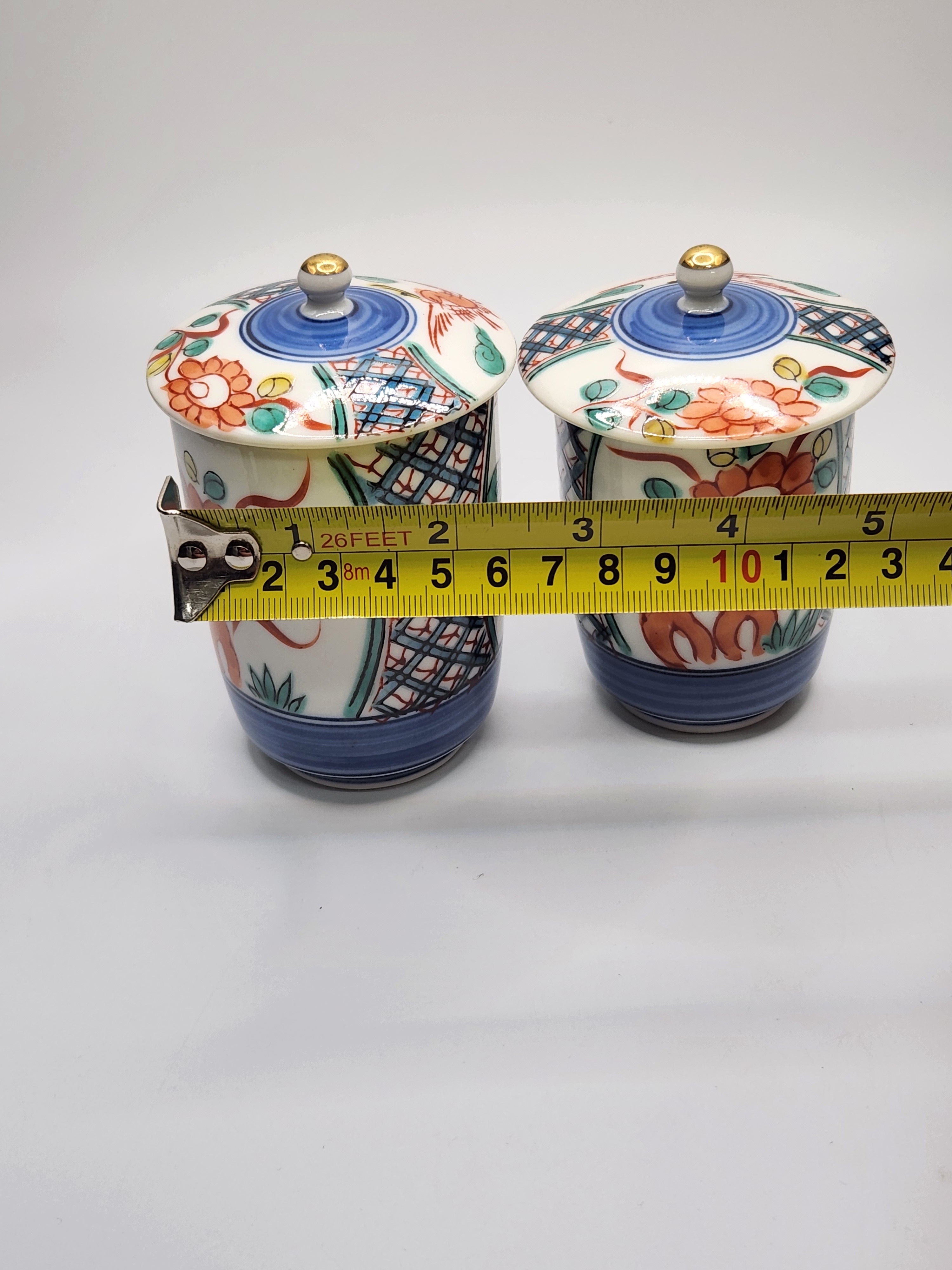 Kutani Ware Hand-Painted Lidded Tea Cups – Pair Set