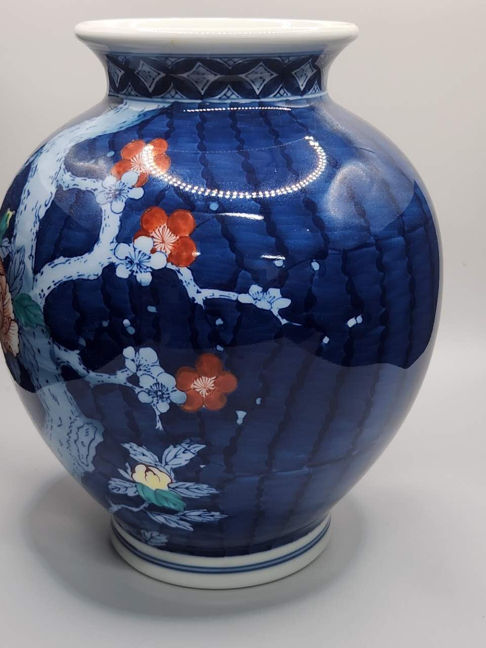 Dark Blue Hand-Painted Floral Porcelain Vase