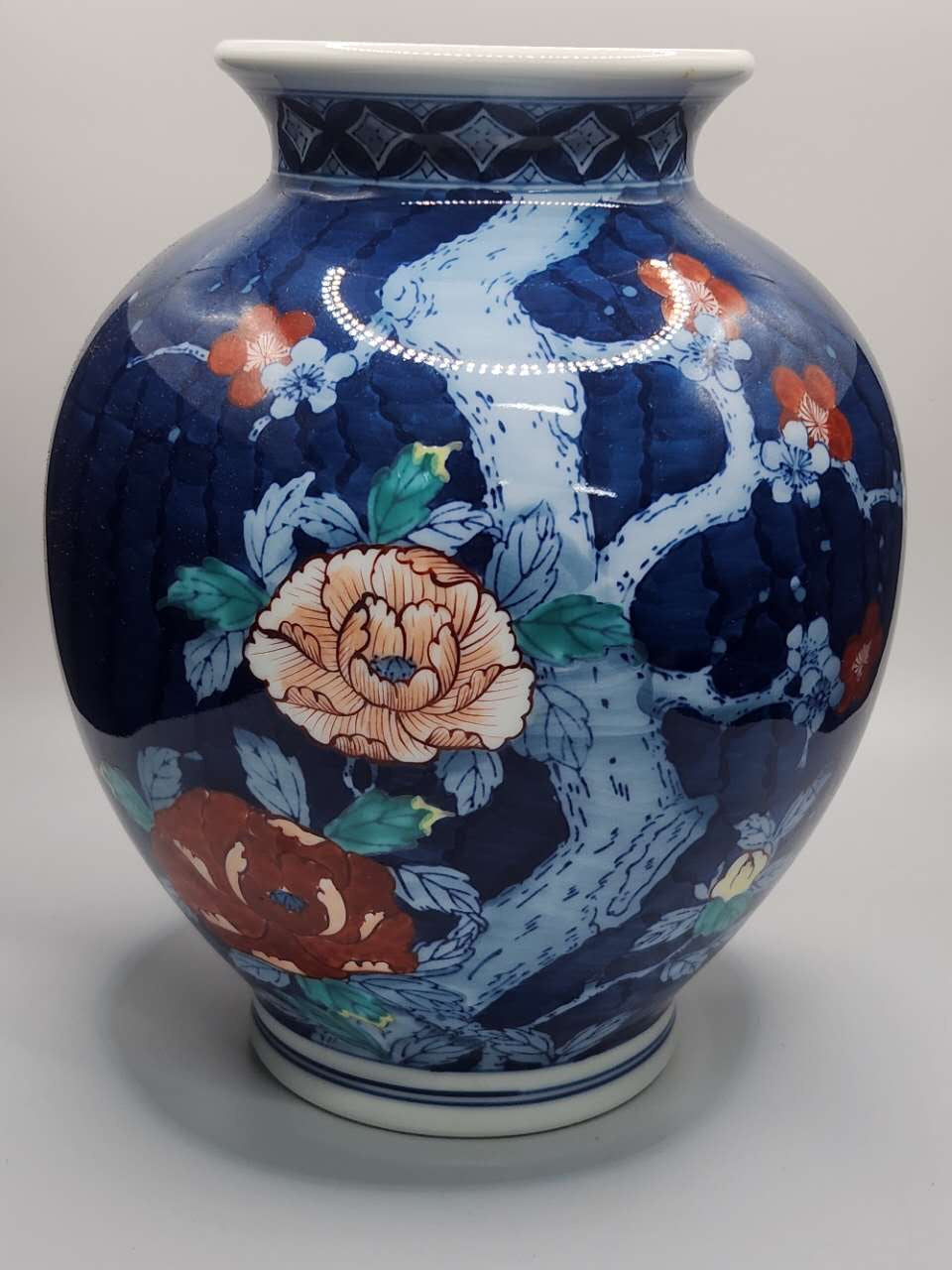 Dark Blue Hand-Painted Floral Porcelain Vase