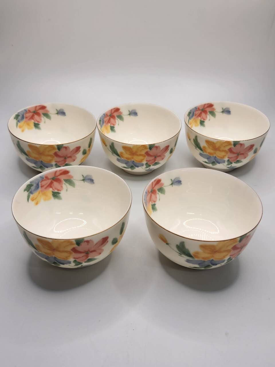 Japanese Hand-Painted Floral Porcelain Rice Bowl Set (Set of 5)