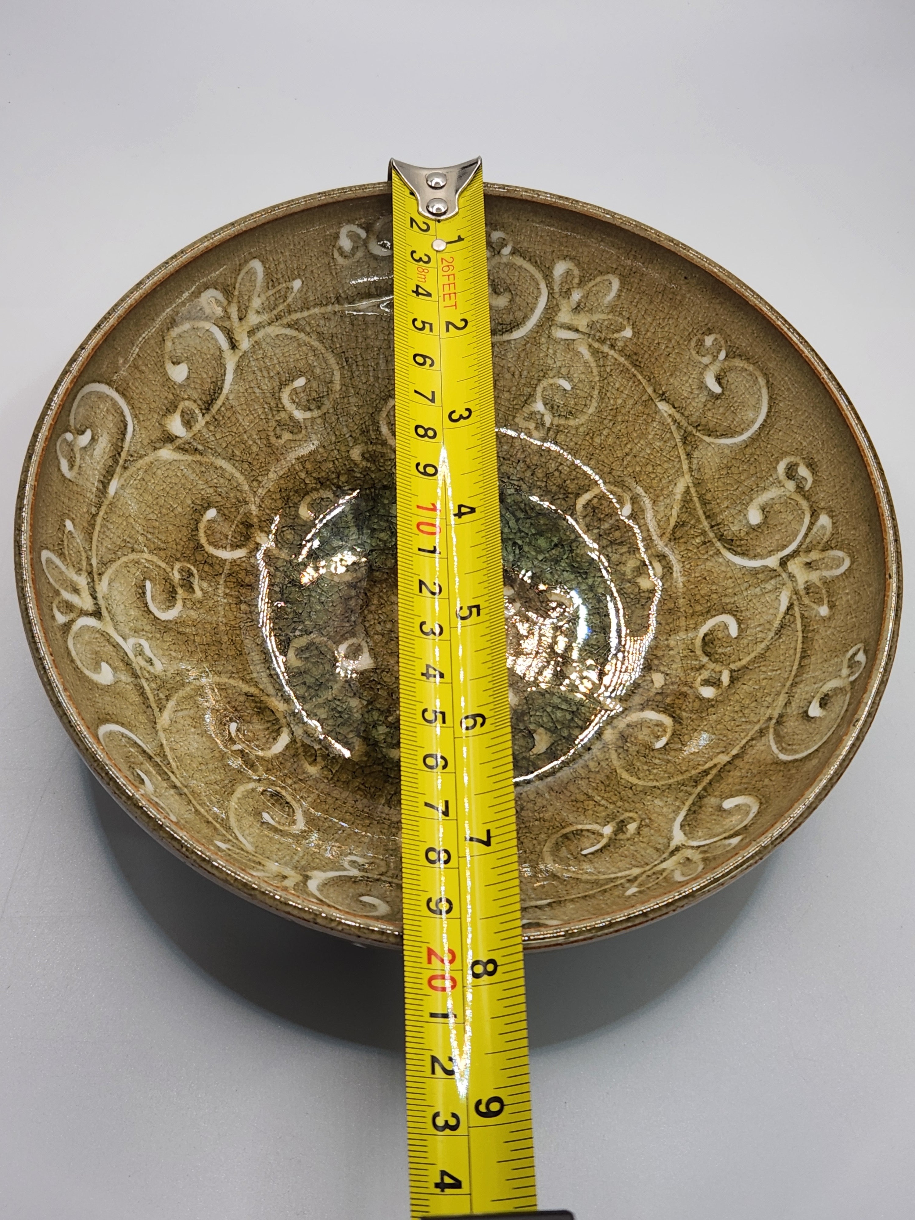 Vintage Japanese Glazed Bowl with Incised Arabesque Pattern