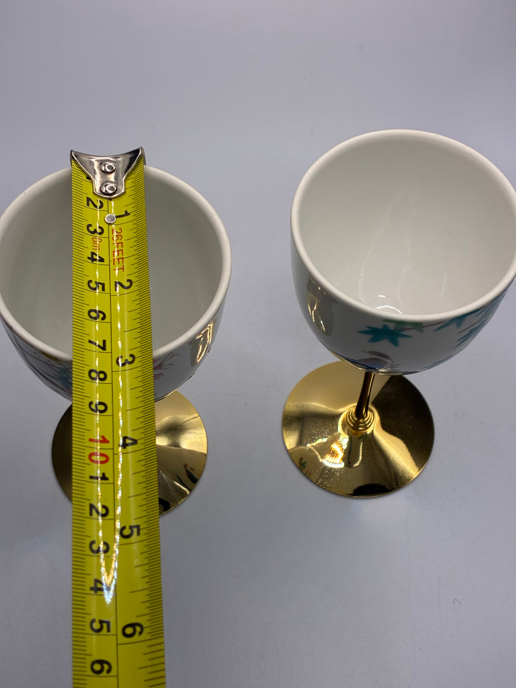 Japanese Porcelain Goblet Cups with Gold Stem – Floral Design, Set of 2