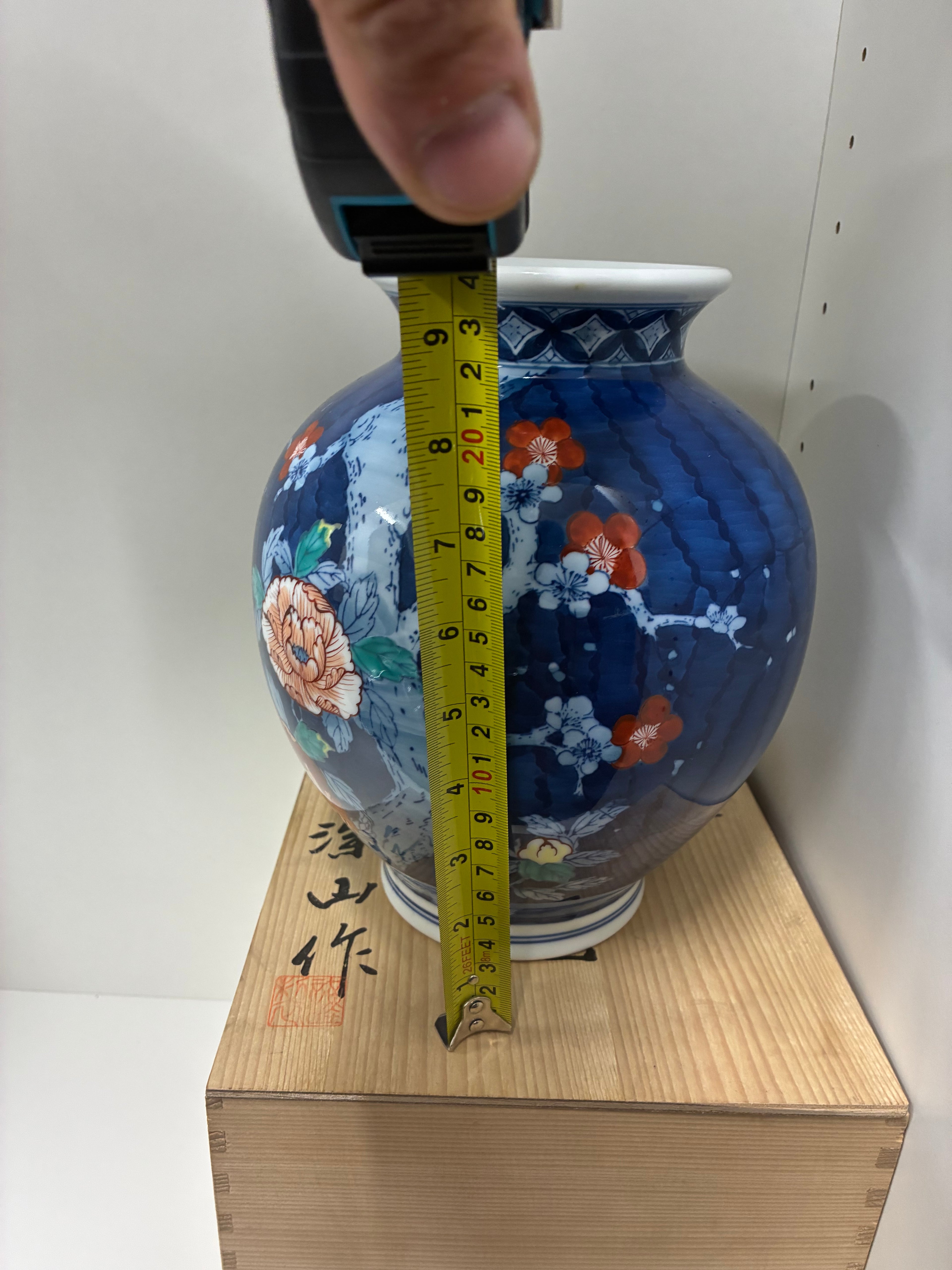 Dark Blue Hand-Painted Floral Porcelain Vase