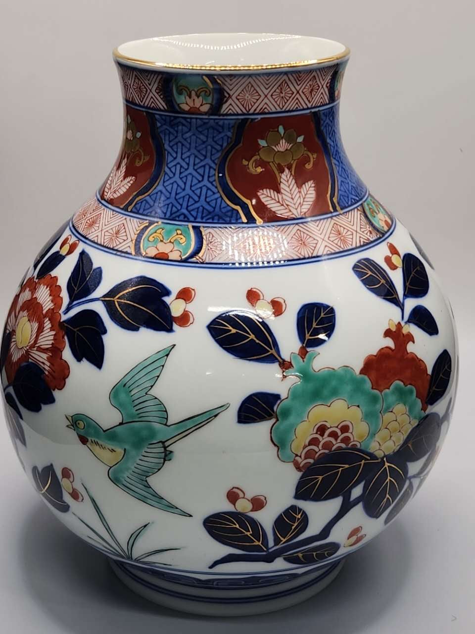 Japanese Hand-Painted Floral & Bird Porcelain Vase