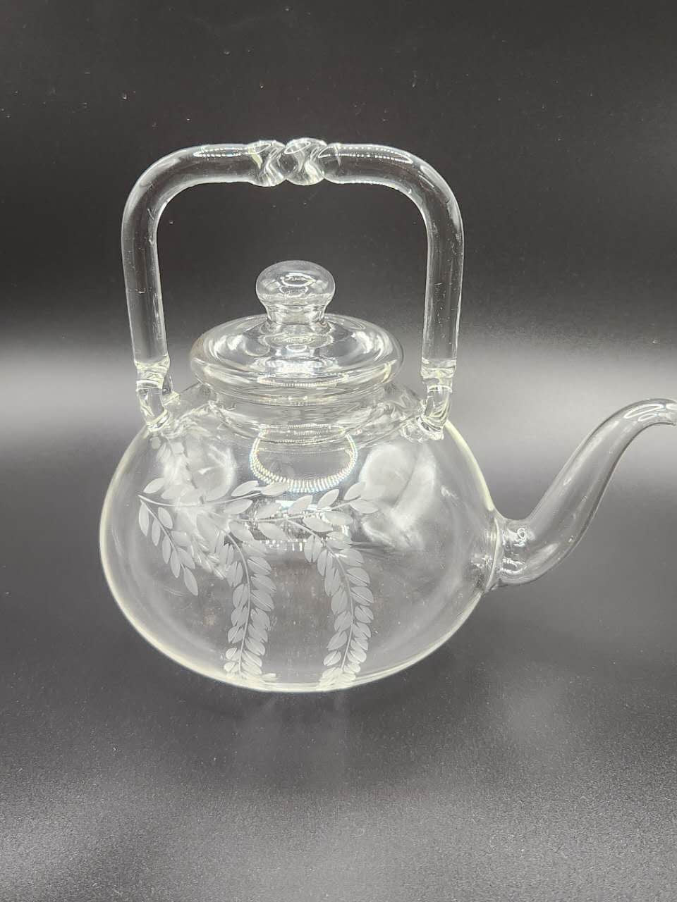Hand-Etched Floral Clear Glass Teapot