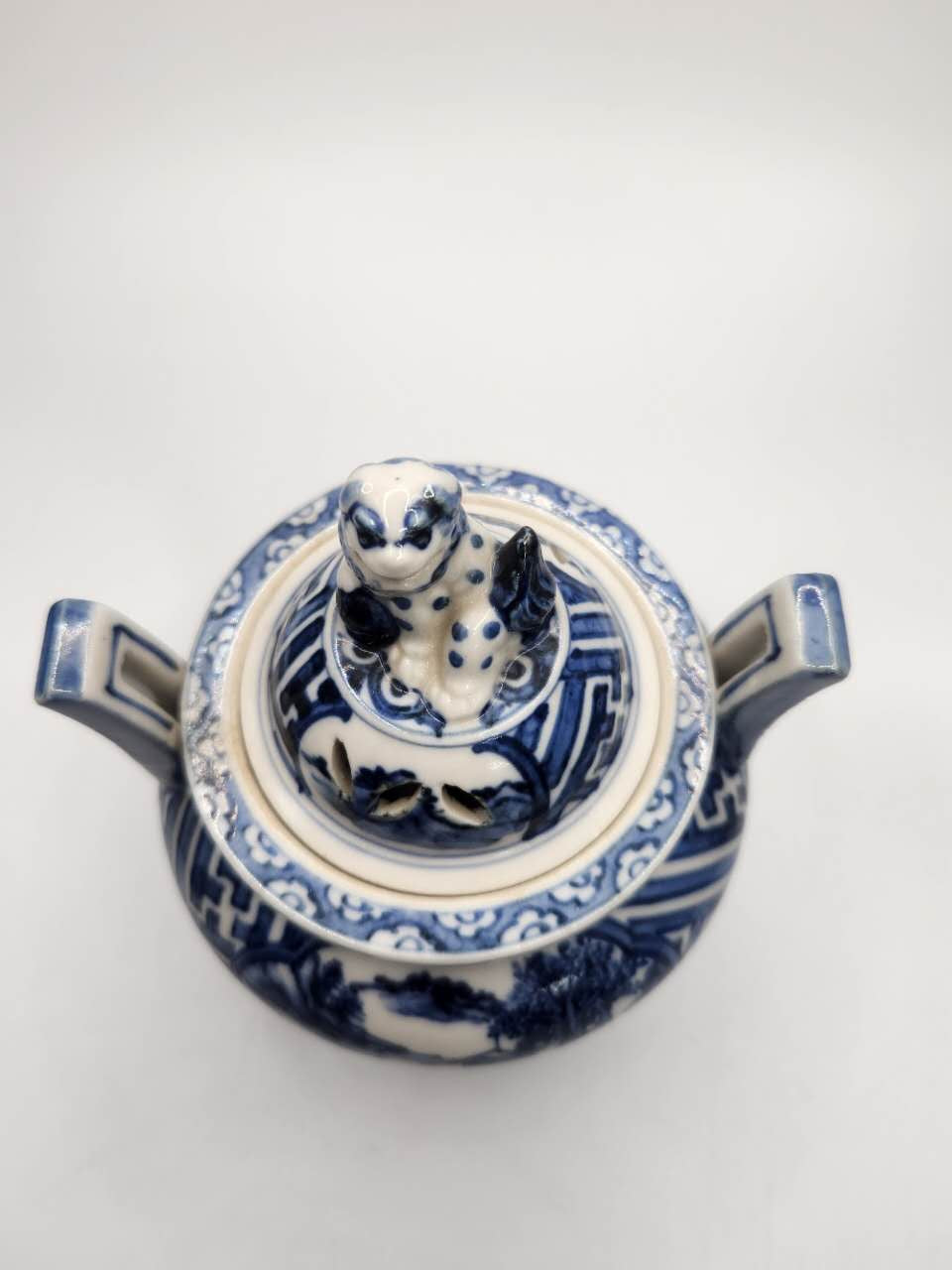 Blue & White Lion-Handle Tripod Incense Burner