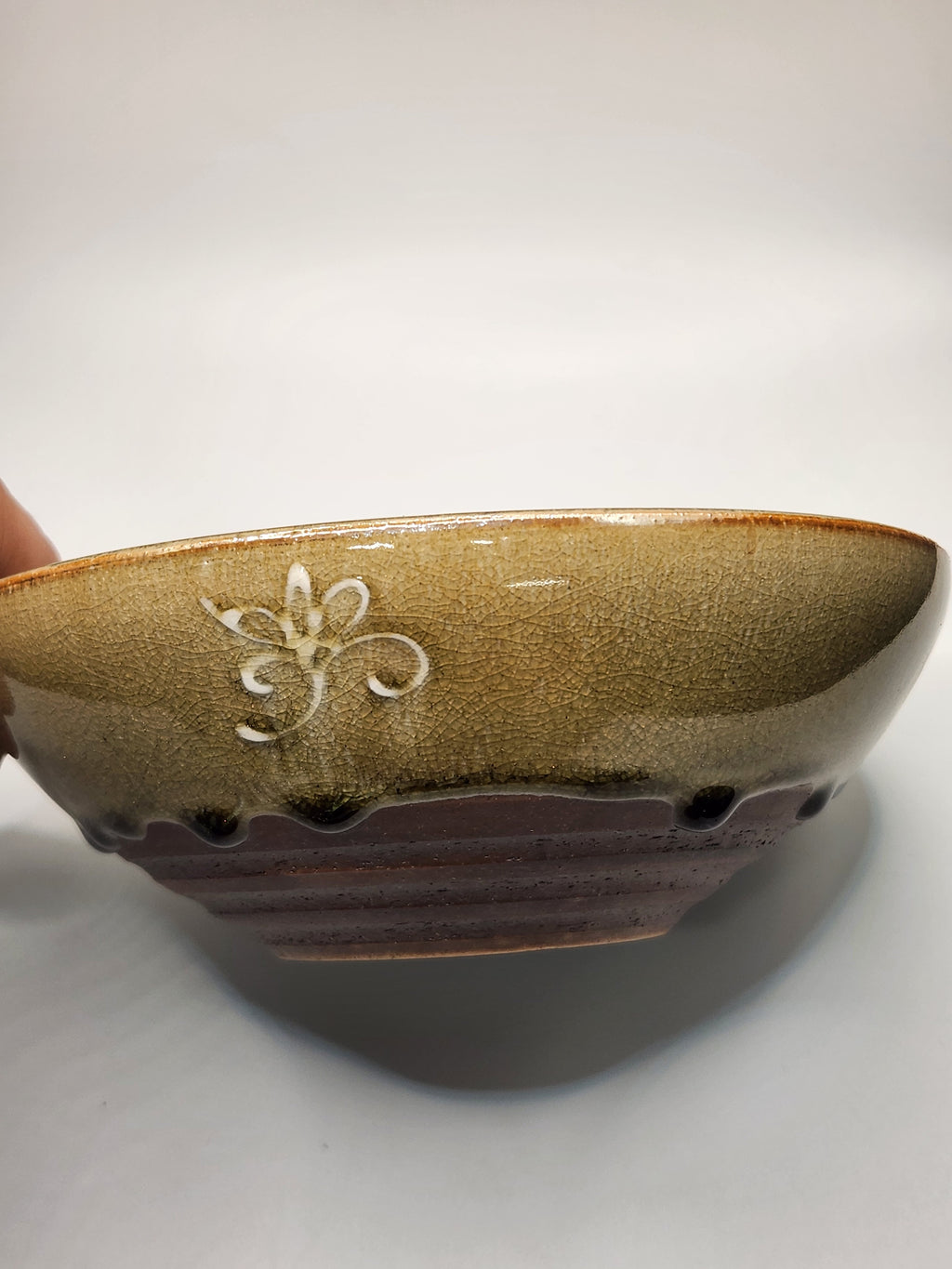 Vintage Japanese Glazed Bowl with Incised Arabesque Pattern