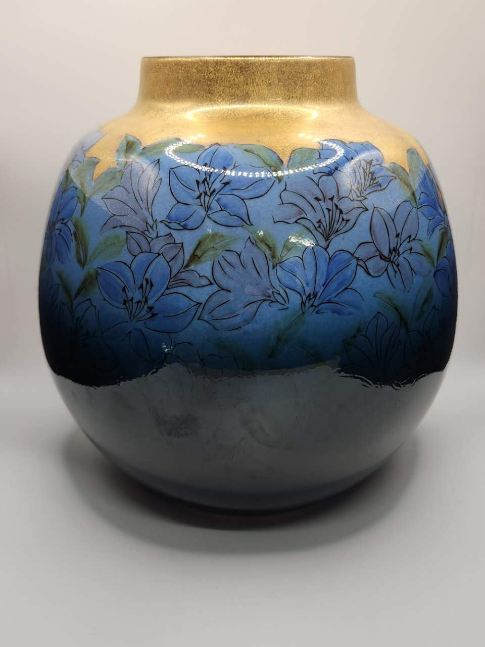 Gilded Blue Floral Handcrafted Ceramic Vase