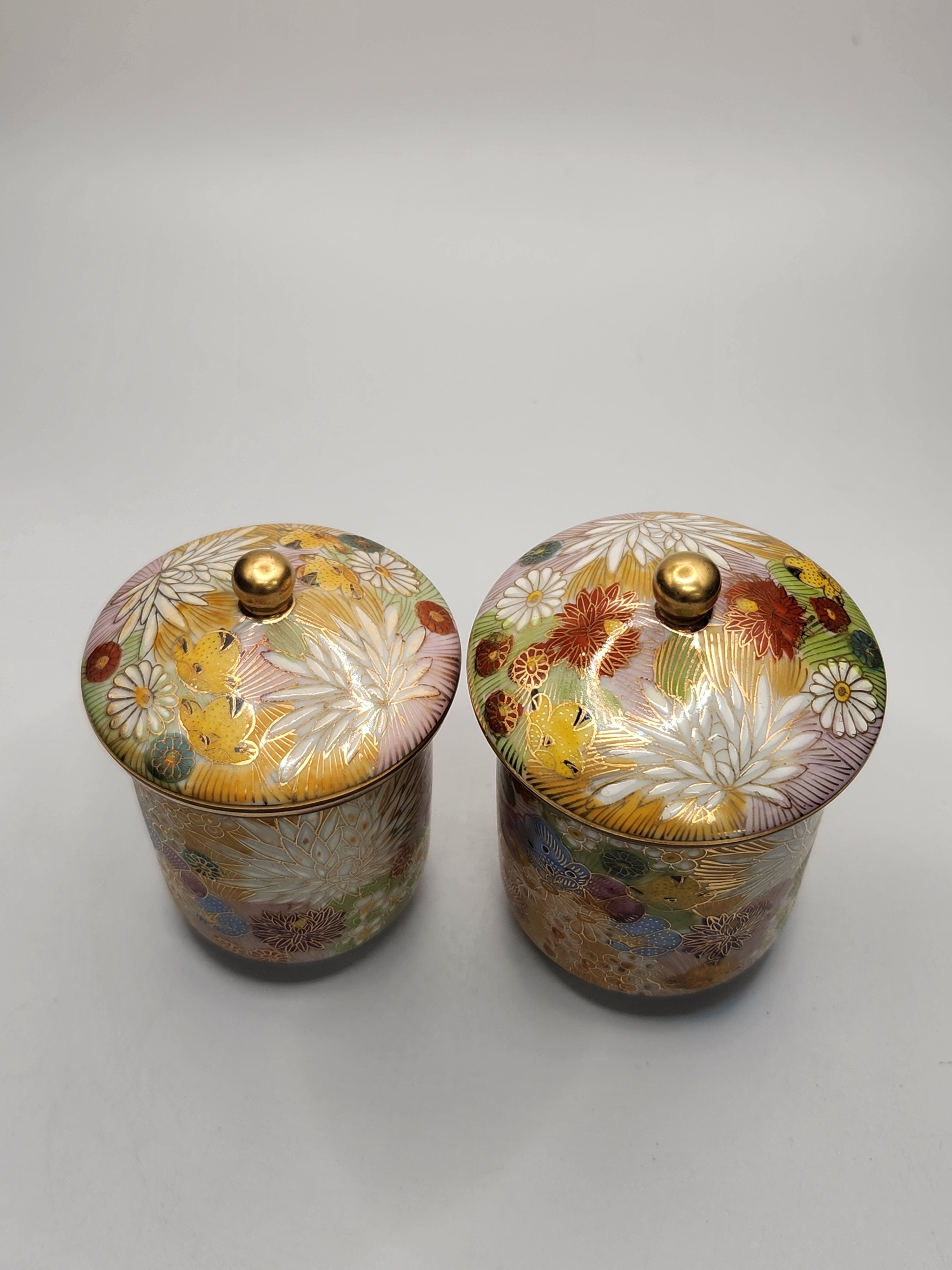 Kutani Ware Hand-Painted Gilded Lidded Tea Cup Pair