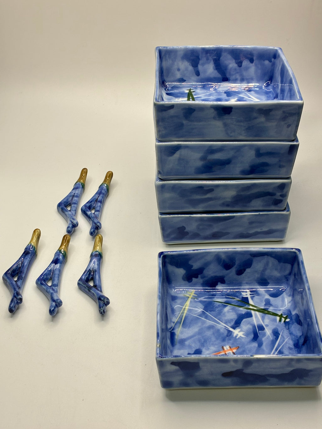 Handcrafted Glazed Ceramic Tableware Set – Square Dishes & Chopstick Rests