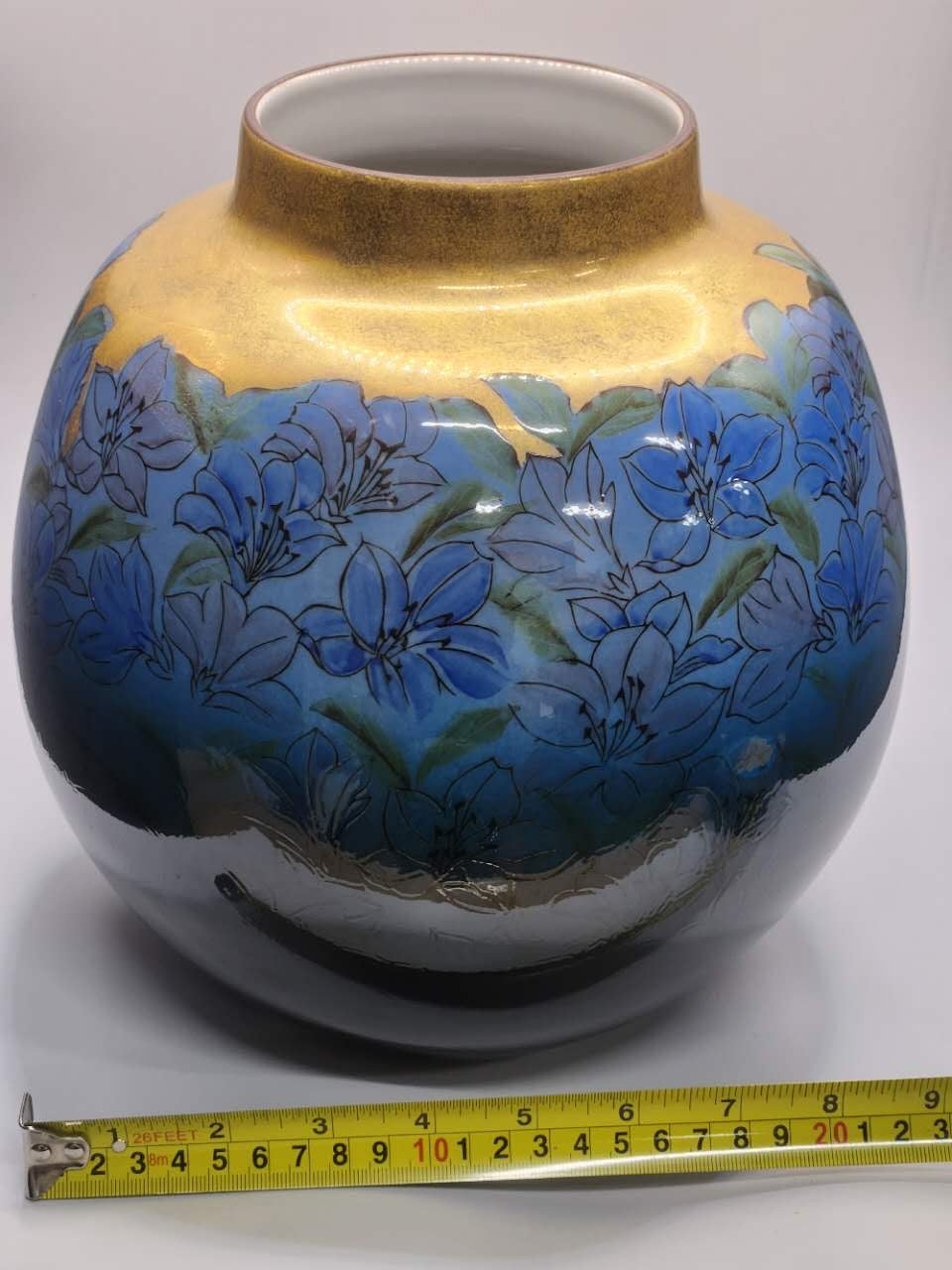Gilded Blue Floral Handcrafted Ceramic Vase