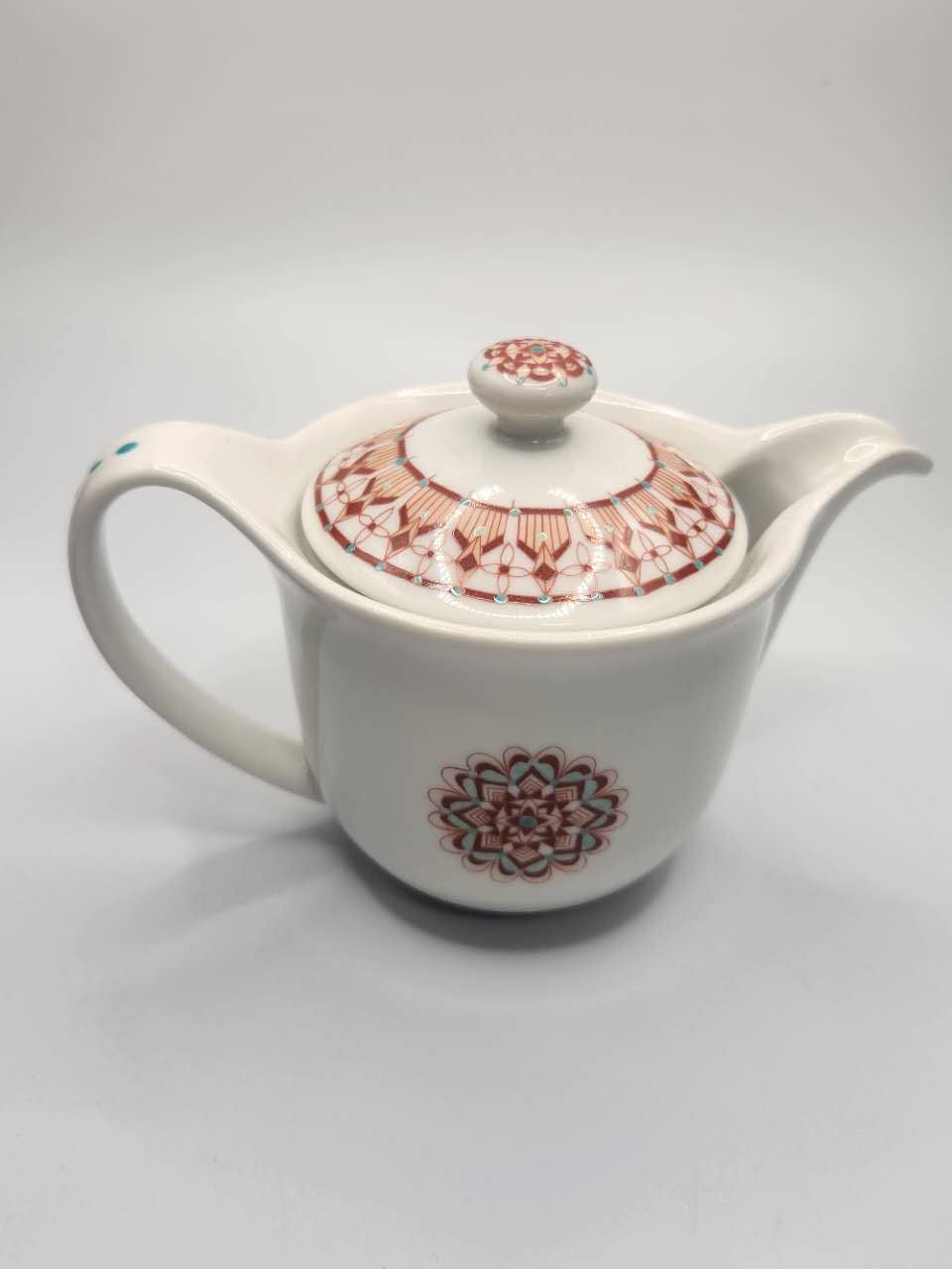 Japanese Porcelain Teapot with Red Geometric Motif
