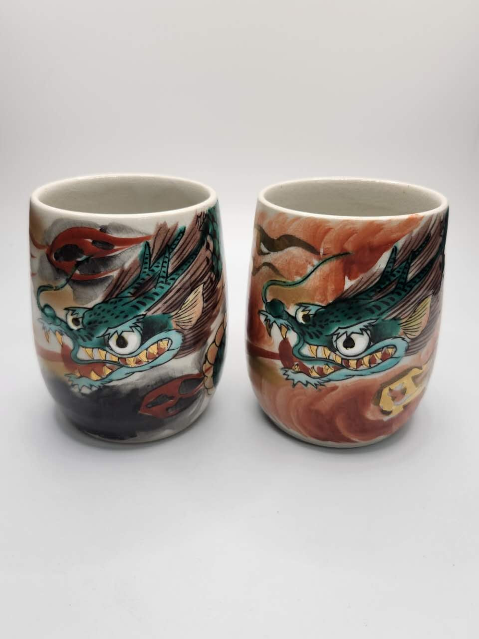 Hand-Painted Dragon Motif Japanese Ceramic Tea Cups (Set of 2)