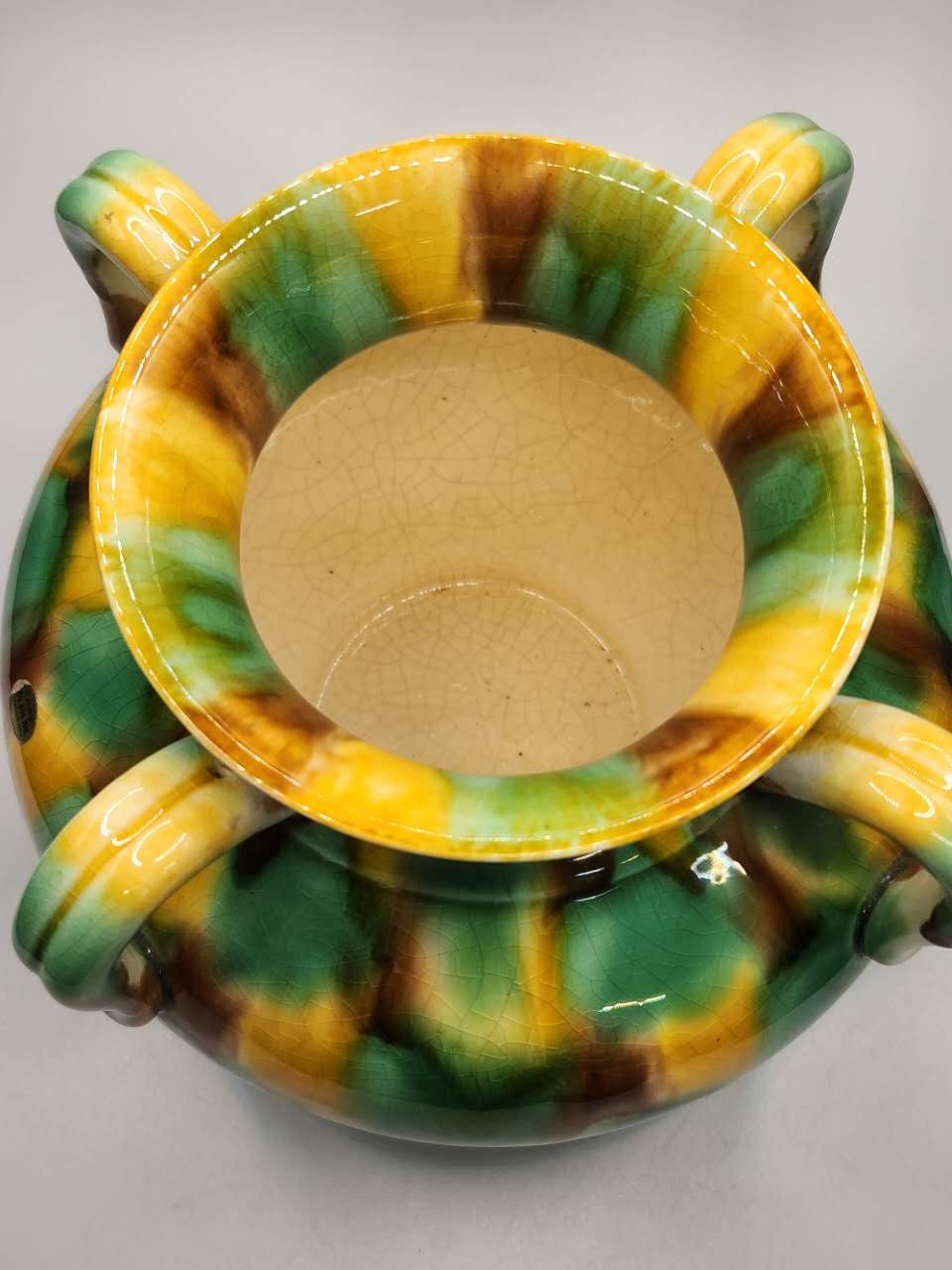 Handcrafted Tri-Handle Glazed Ceramic Vase