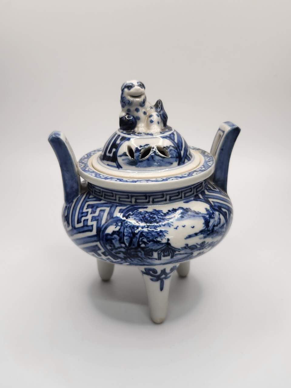 Blue & White Lion-Handle Tripod Incense Burner