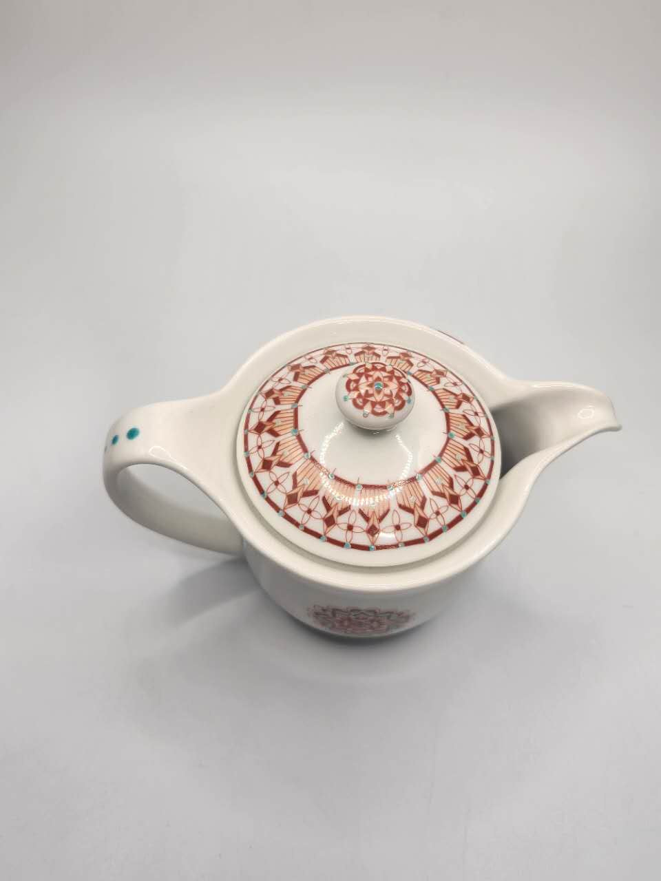 Japanese Porcelain Teapot with Red Geometric Motif
