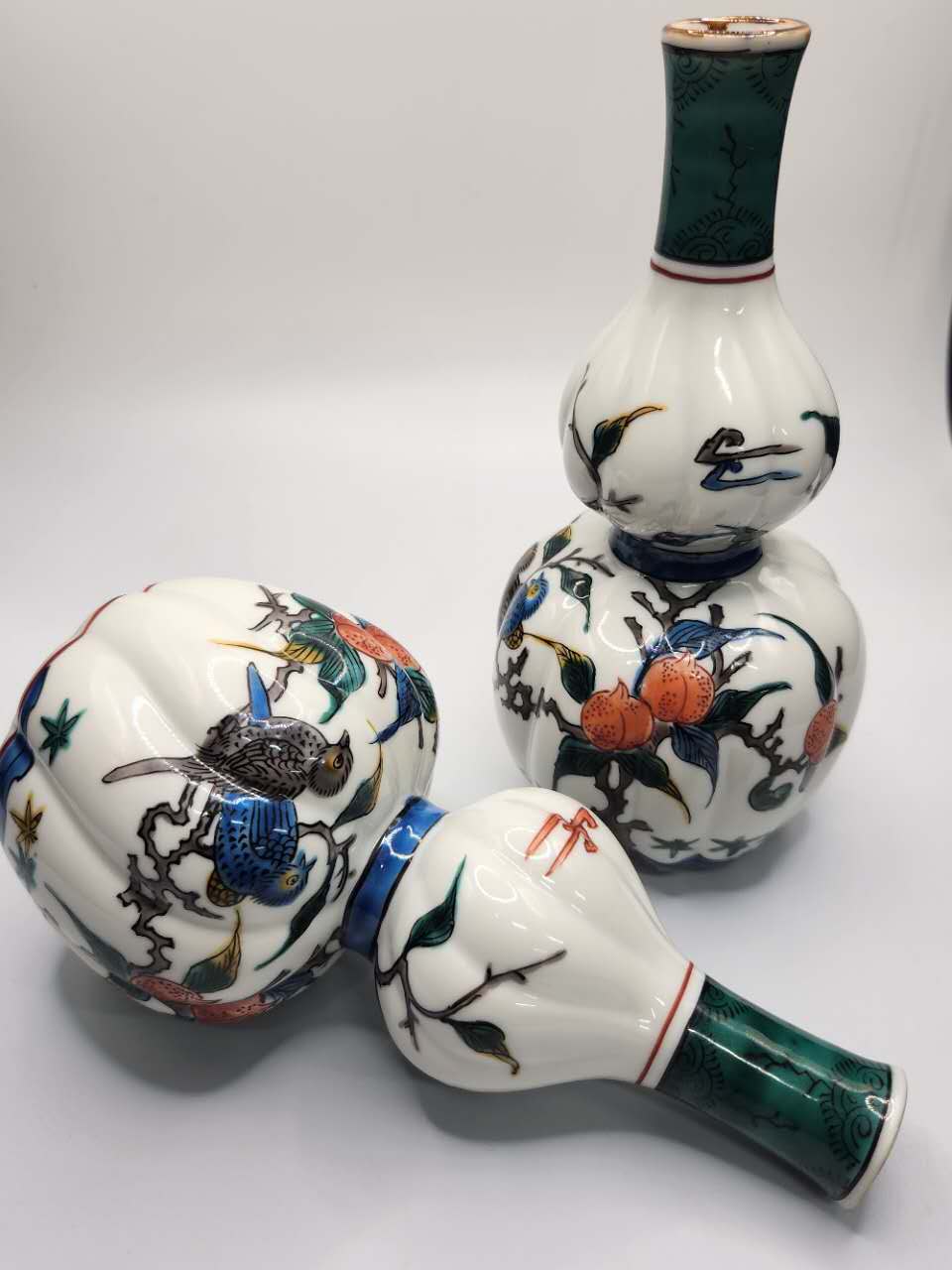 Hand-Painted Floral & Bird Double Gourd Porcelain Vases (Pair)