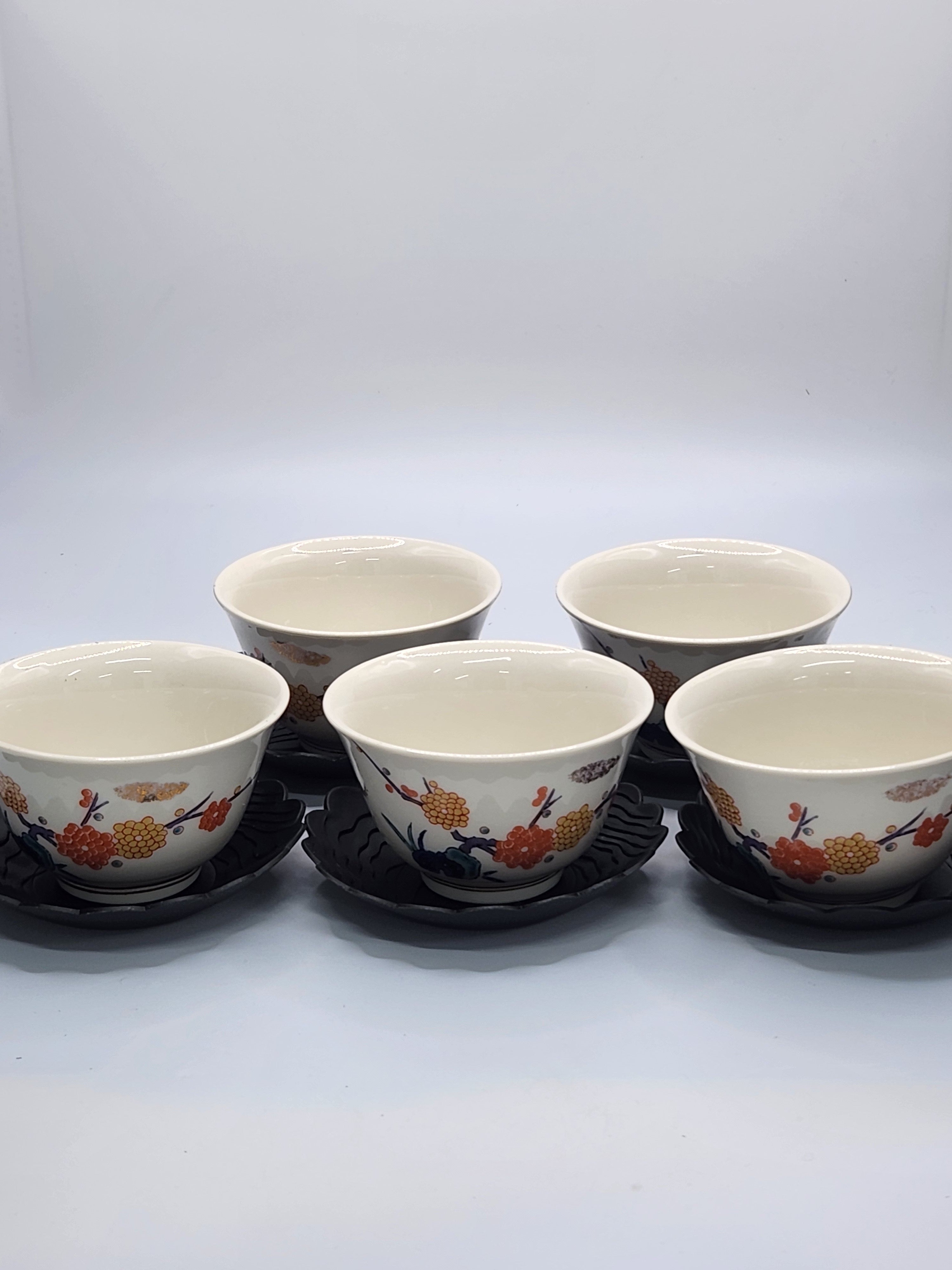 Kutani Ware Hand-Painted Tea Cups · Set of 5