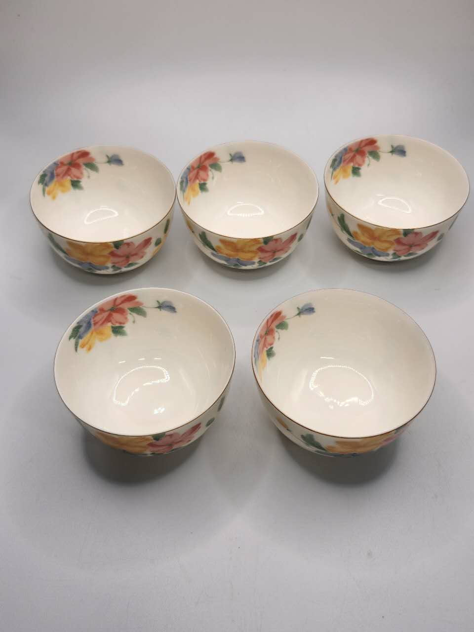 Japanese Hand-Painted Floral Porcelain Rice Bowl Set (Set of 5)