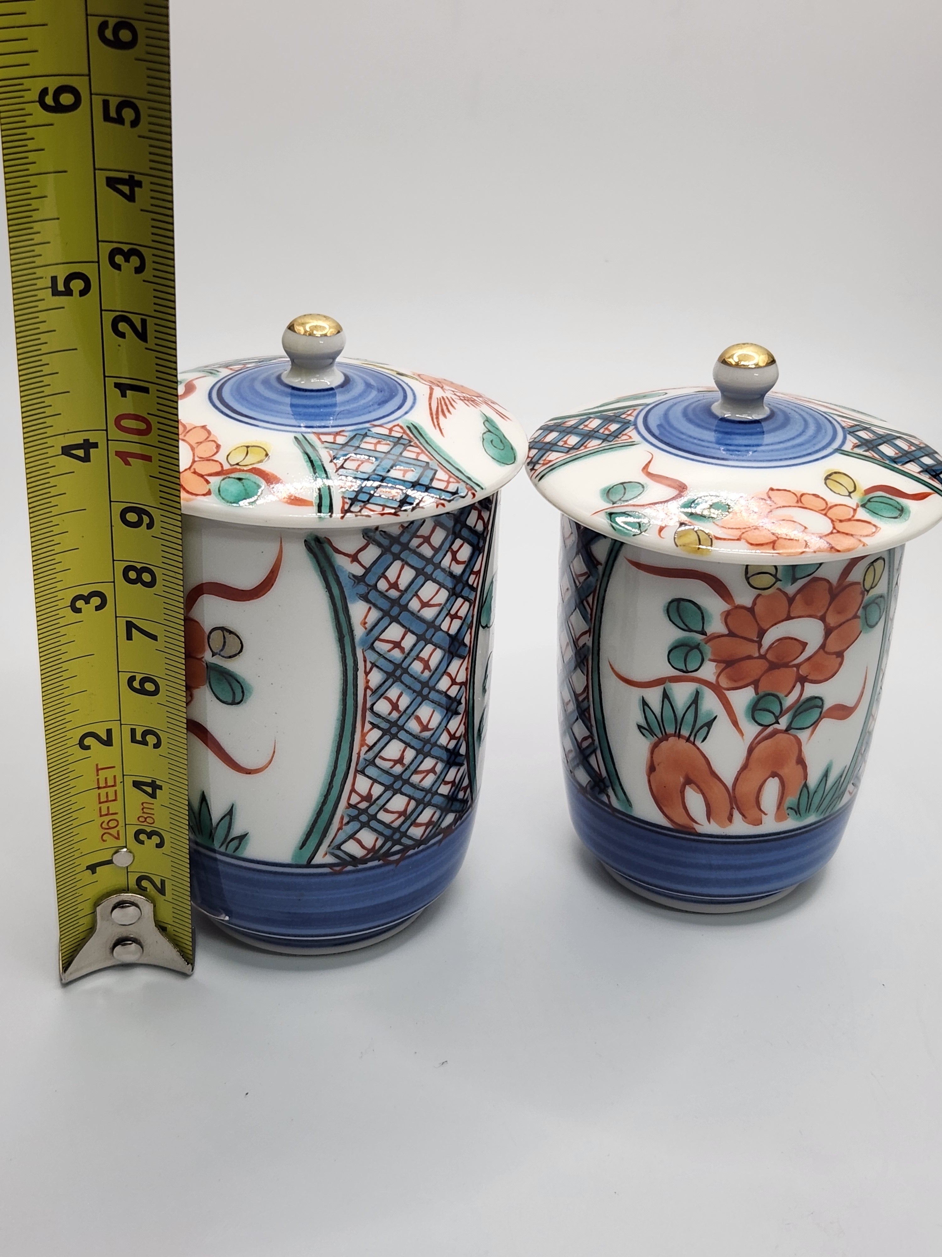 Kutani Ware Hand-Painted Lidded Tea Cups – Pair Set