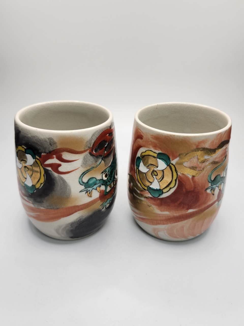 Hand-Painted Dragon Motif Japanese Ceramic Tea Cups (Set of 2)