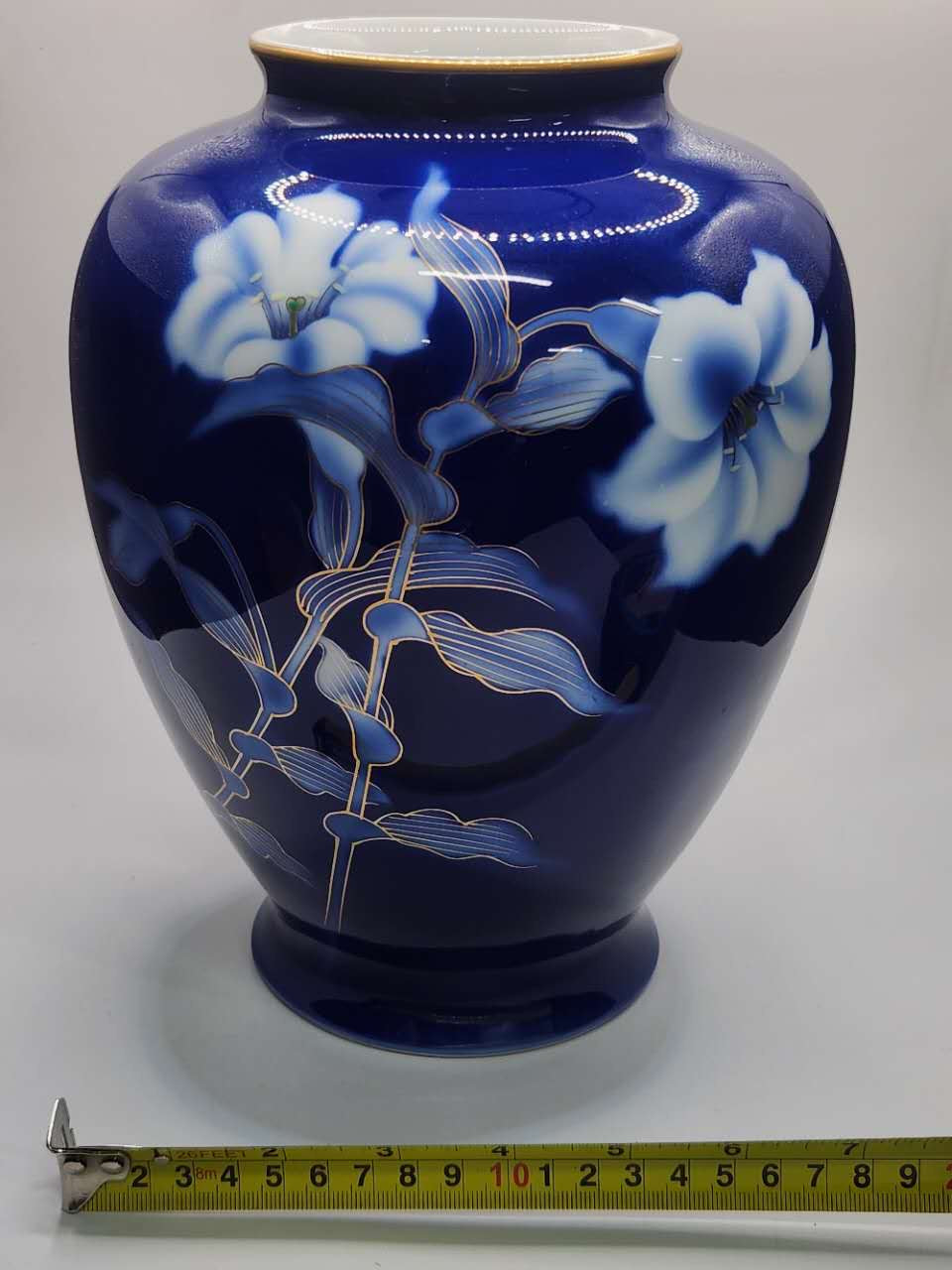 Fukagawa Porcelain Hand-Painted Cobalt Blue Floral Vase