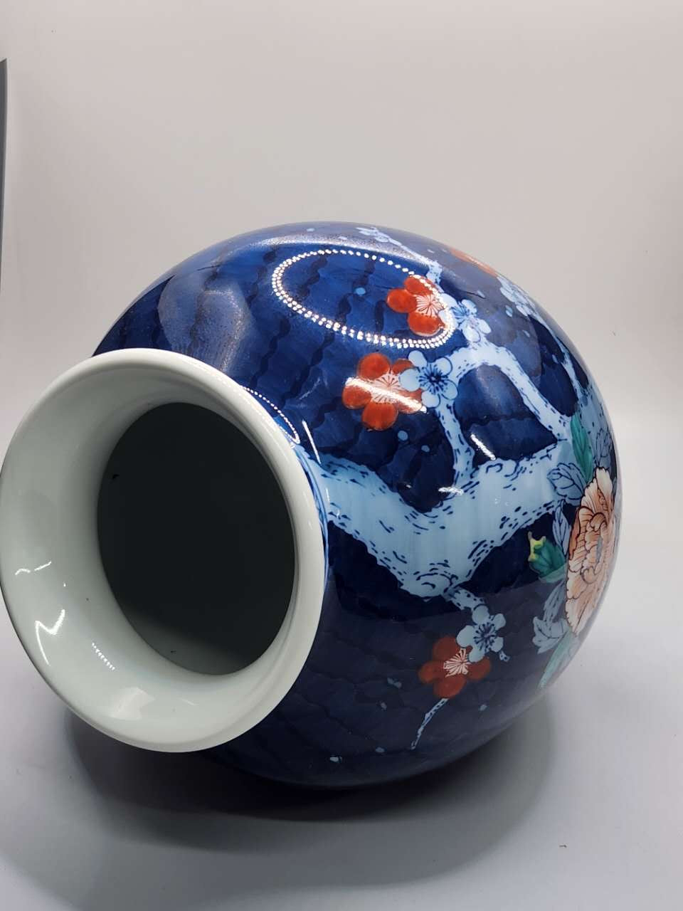 Dark Blue Hand-Painted Floral Porcelain Vase