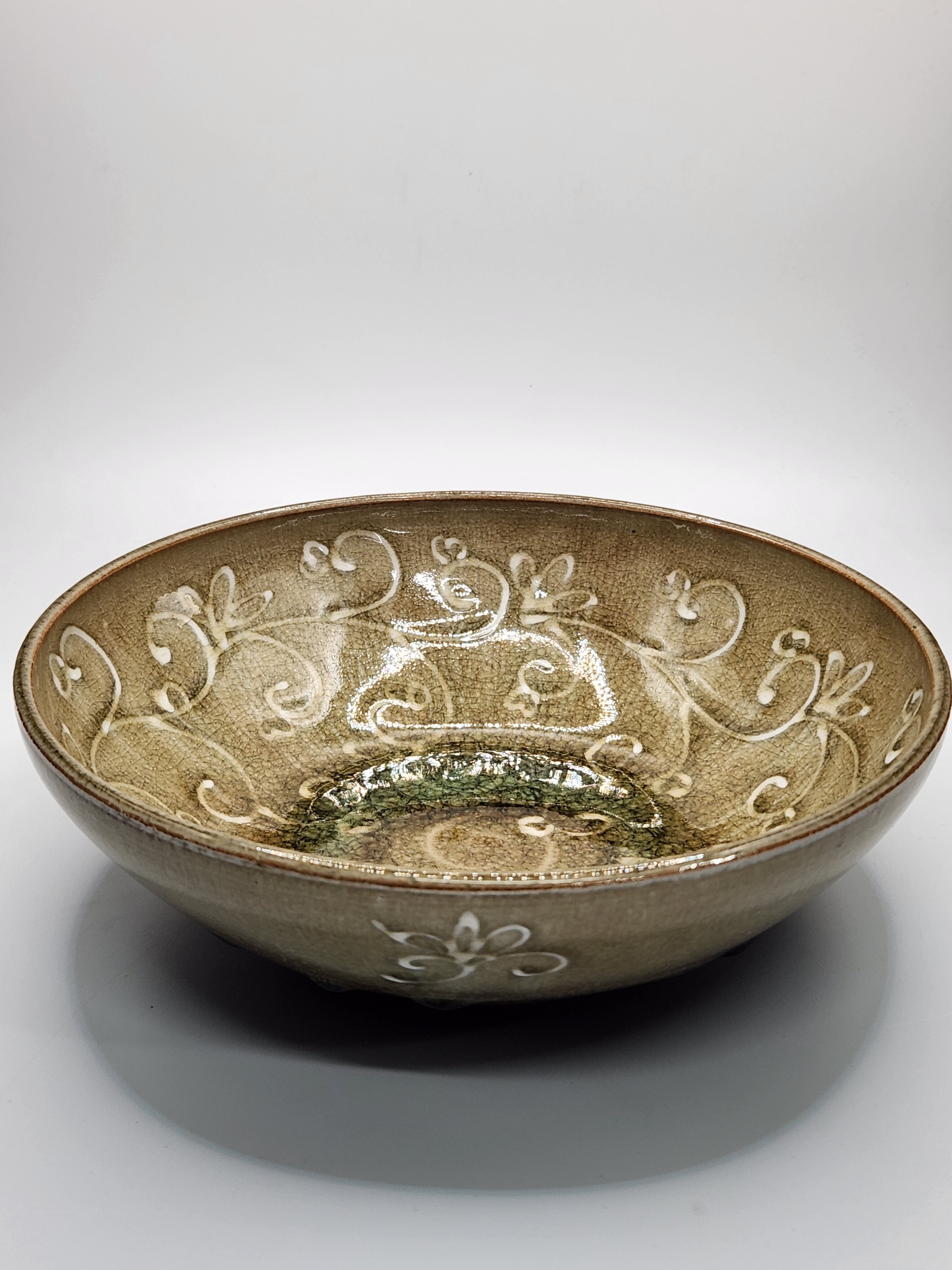 Vintage Japanese Glazed Bowl with Incised Arabesque Pattern