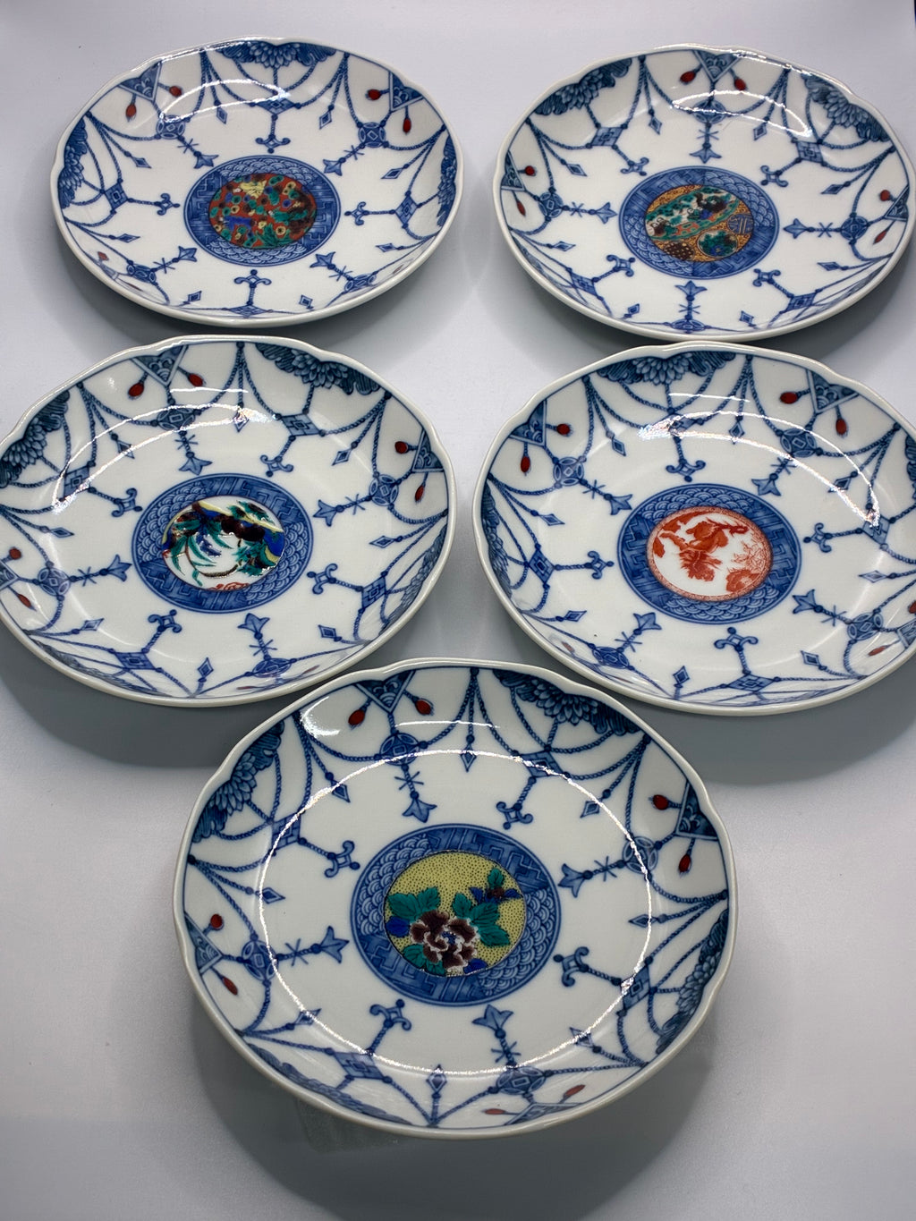 Japanese Mino Ware Small Plates – Set of 5 | Blue & White Porcelain with Box