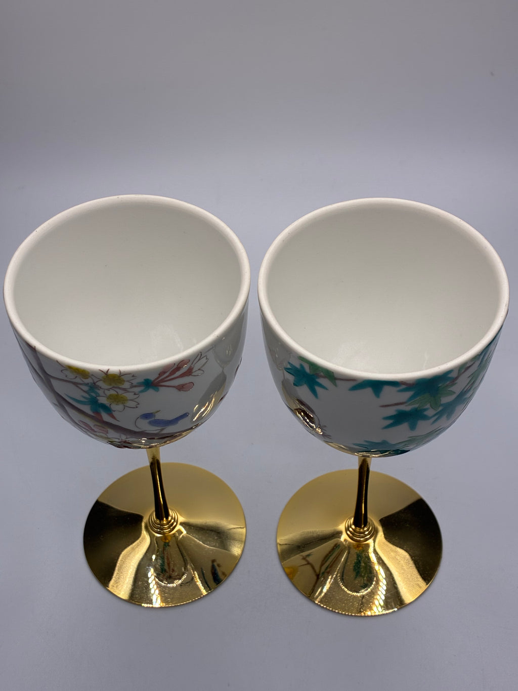 Japanese Porcelain Goblet Cups with Gold Stem – Floral Design, Set of 2